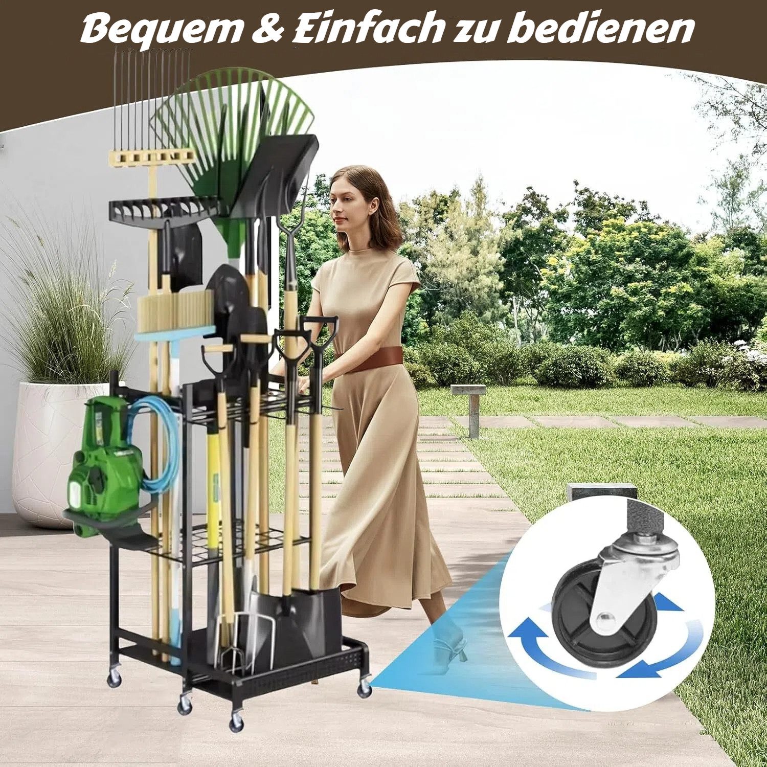 BlingBin Gartengerätehalter Gartengeräte Ständer mit Haken & Rädern, Gartenwerkzeug-Organizer, (1er Set, 1-tlg., Belastbarkeit maximal: 30KG, 49,71*42,9*77,9cm, Metall-Besenhalter für Garten, Garage, Schuppen & Outdoor, Schwarz)