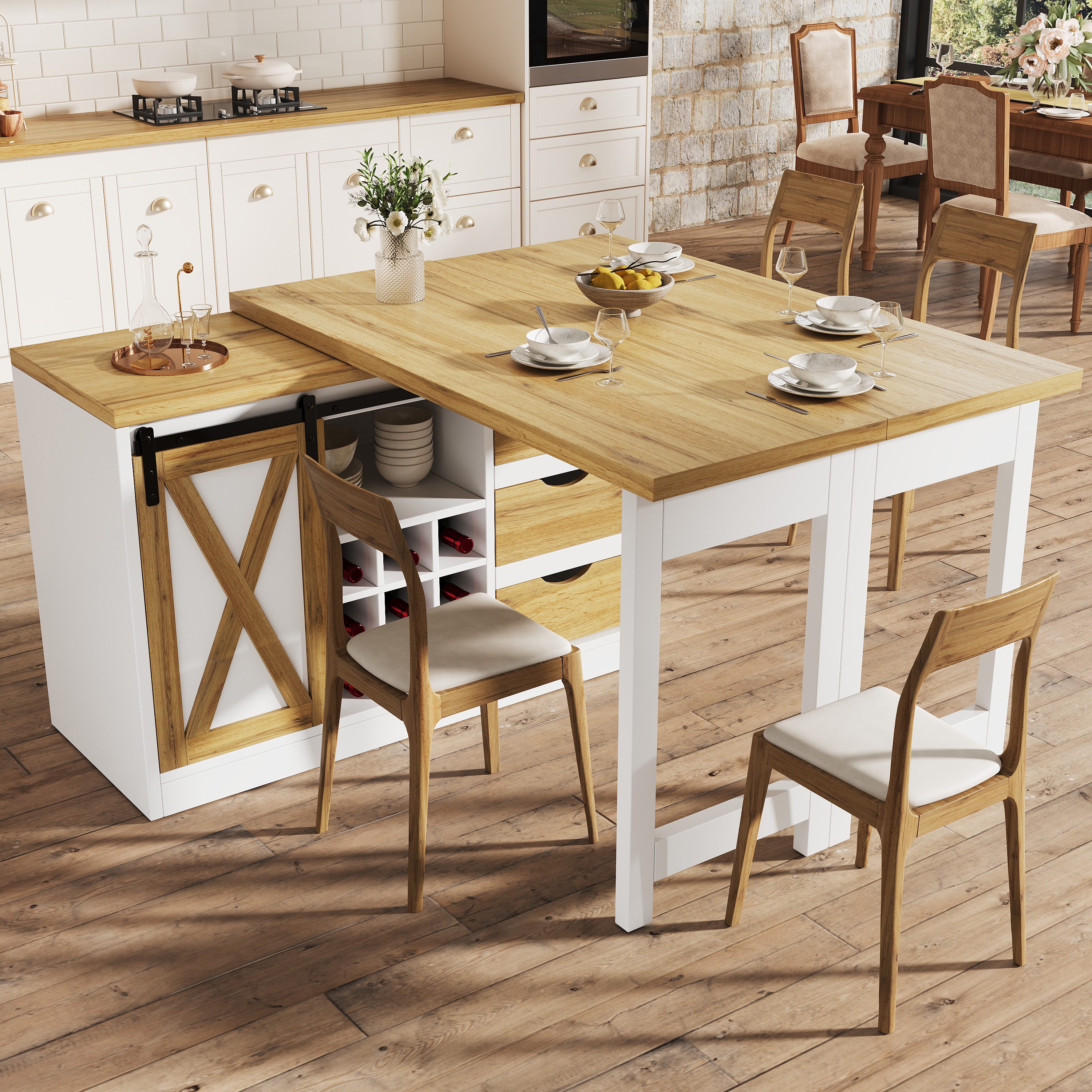 i@home Bartisch Ausziehbarer Kücheninsel 120-197 cm, Esstisch, 360° drehbar, Stauraum, mit Schubladen & herausnehmbarem Weinlagerfach, Küchenbuffet, weiß