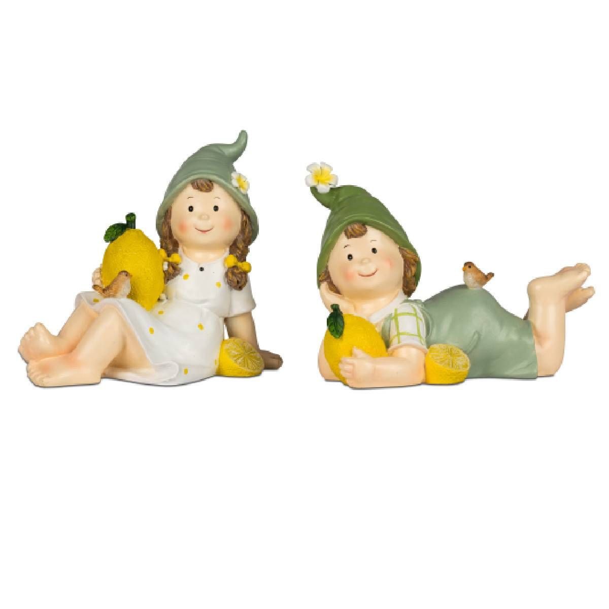 Gartenfigur Sommerkinder liegend mit Zitronen in der Hand 22cm 2er Set