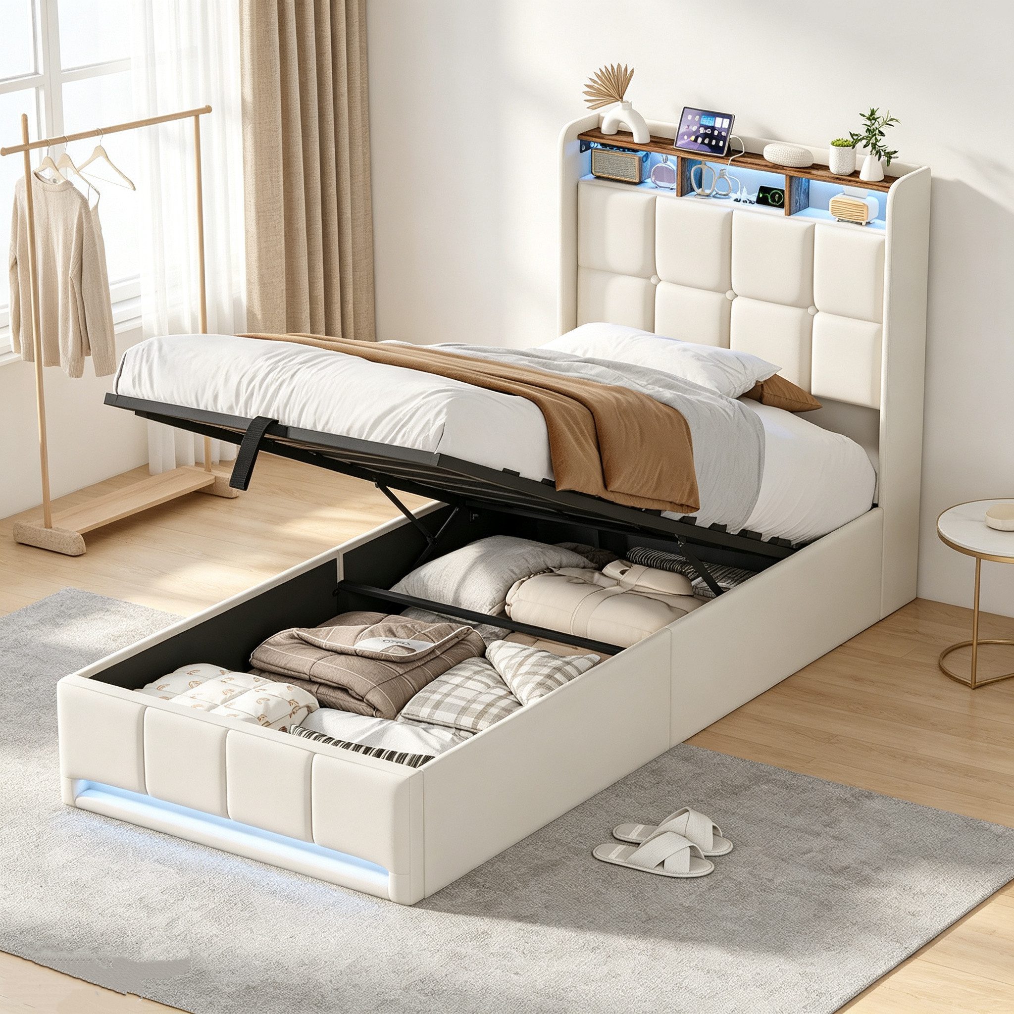 Simurq Einzelbett Polsterbett mit Bettkasten & Matratzenlifter, Leinen Gästebett (1 tlg, ohne Matratze, Mit Lattenrost), mit LED-Beleuchtung, Typ-C & USB Port, Kopfteil mit Ablagefach, Beige