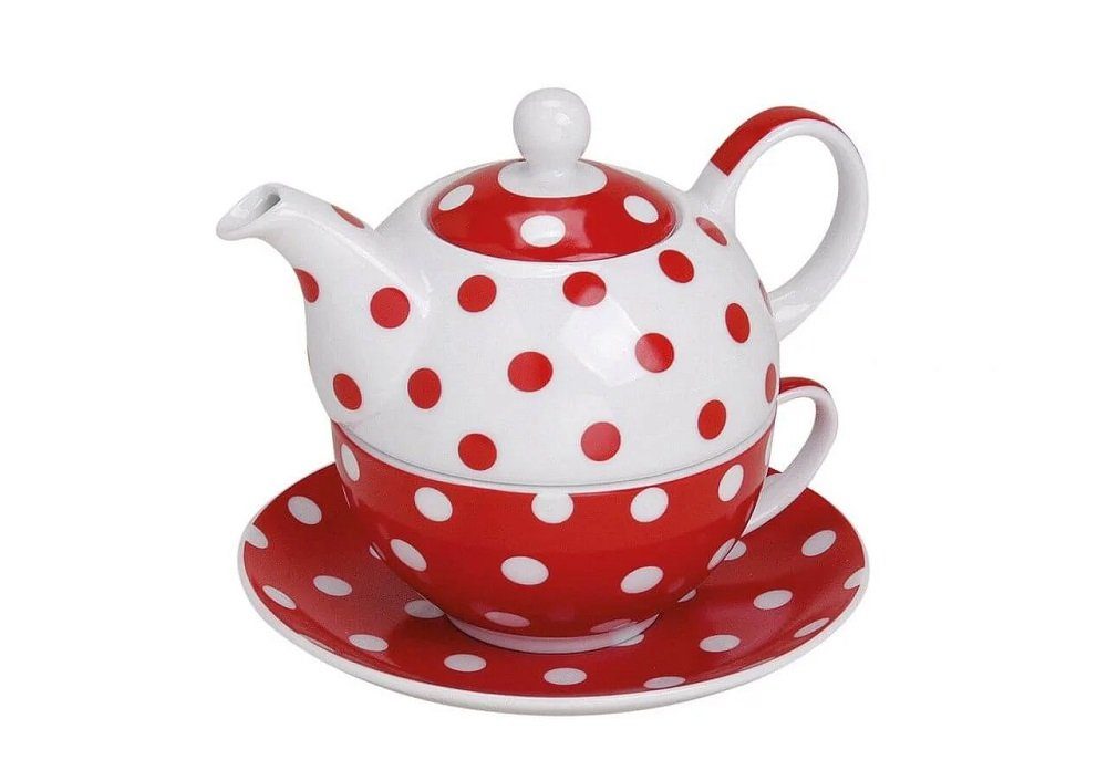 Wurm Teekanne Teekannen-Set Tasse+Teller Porzellan 15x15 cm rot weiß gepunktet