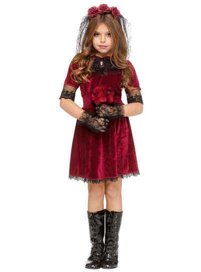 Fun World Kostüm Gothic Vampirbraut Kostüm für Mädchen, Düster-rotes Kleid für Vampire und Geister