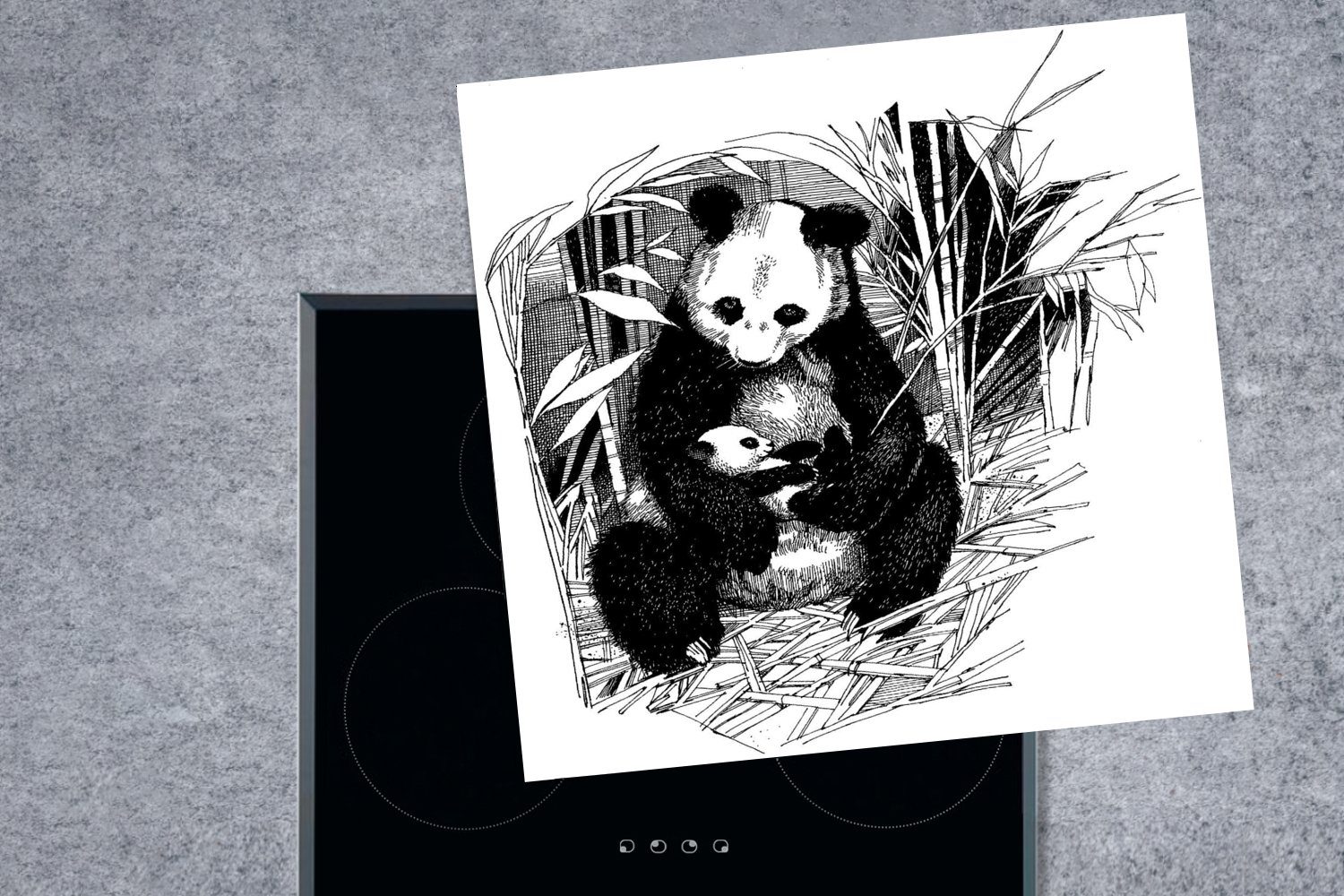 MuchoWow Herdblende-/Abdeckplatte Panda 78x78 Arbeitsplatte tlg), für (1 Vinyl, - Ceranfeldabdeckung, - küche Bambus Schwarz, cm