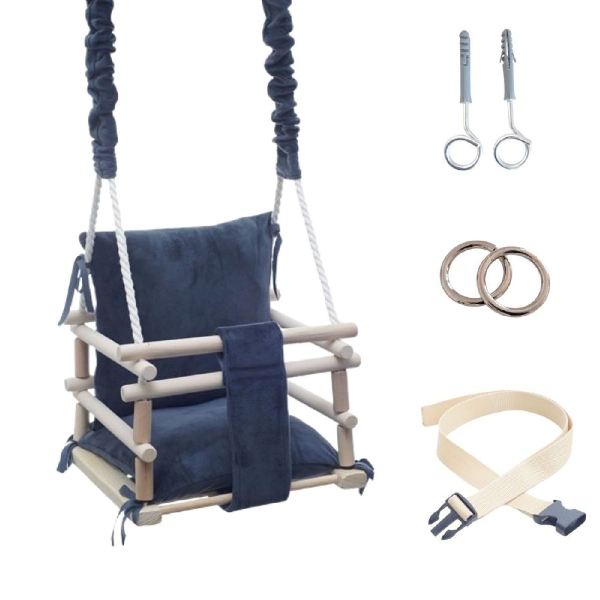 LuMali Babyschaukel Babyschaukel 3in1 Holz Sicherheitsgurt drinnen draußen 34x34x28cm, Kinderschaukel Naturholz Kiefer weich verstellbar 6-36 Monate