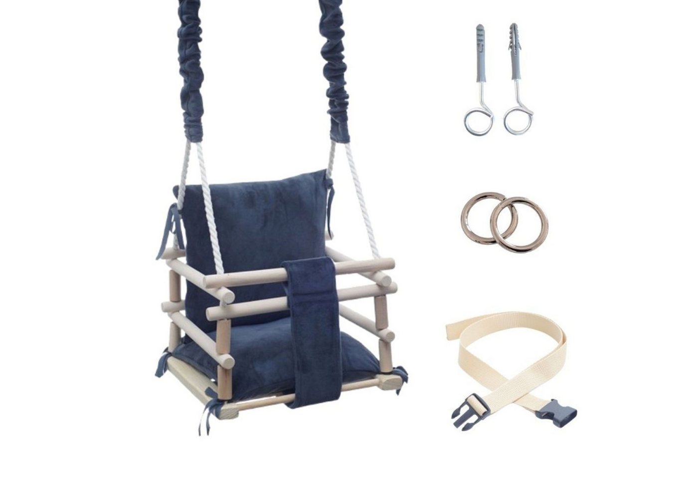 LuMali Babyschaukel Babyschaukel 3in1 Holz Sicherheitsgurt drinnen draußen 34x34x28cm, Kinderschaukel Naturholz Kiefer weich verstellbar 6-36 Monate