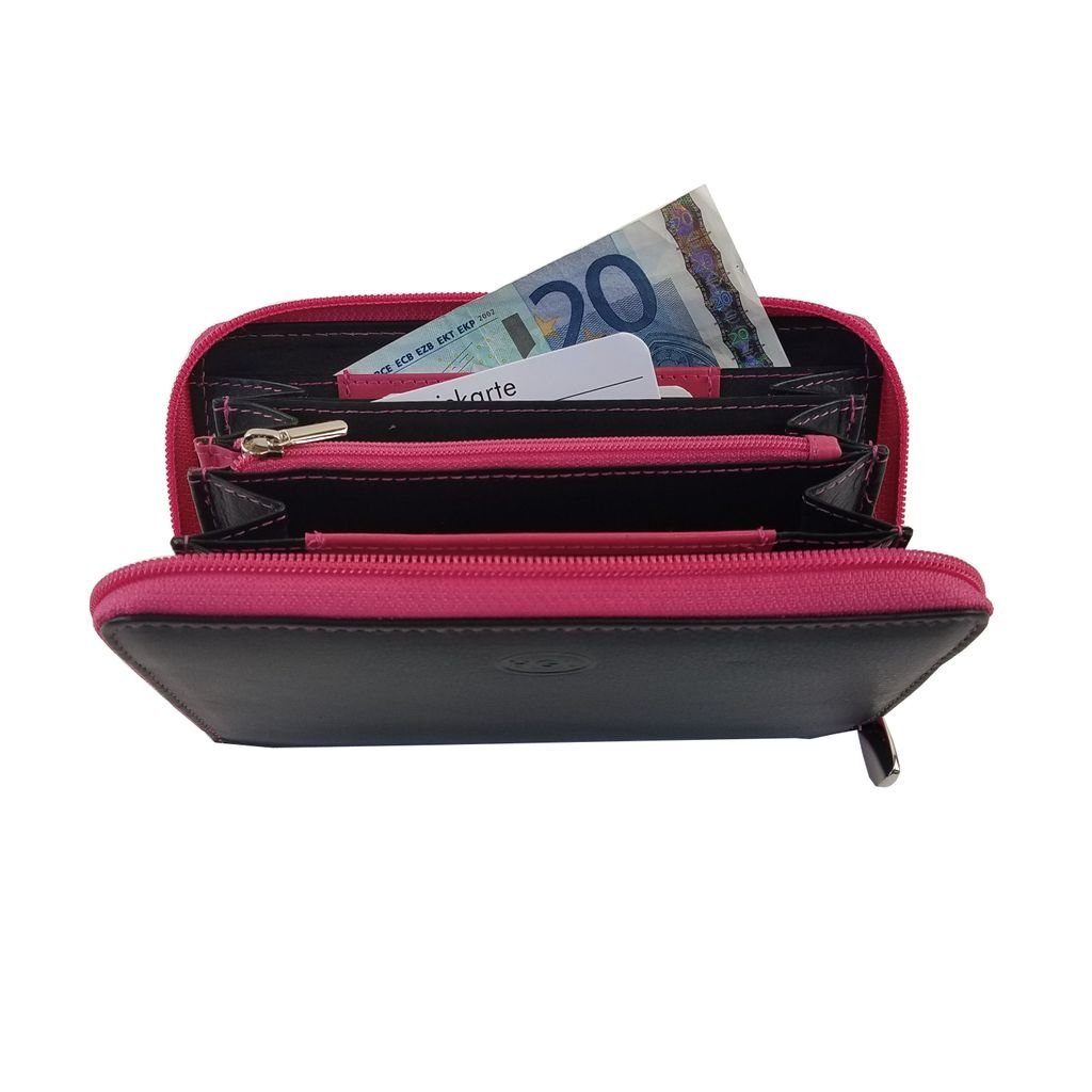 Leder Geldbörse 19809 schwarz-pink HGL Geldbörse groß HGL Kartenfächer Damen Reißverschluss
