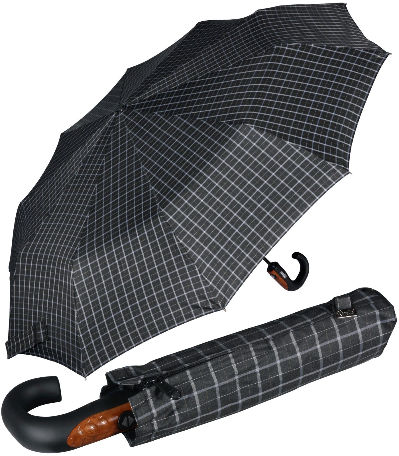 iX-brella Taschenregenschirm mit Auf-Zu-Automatik und 10 Streben, Griff mit Holzoptik