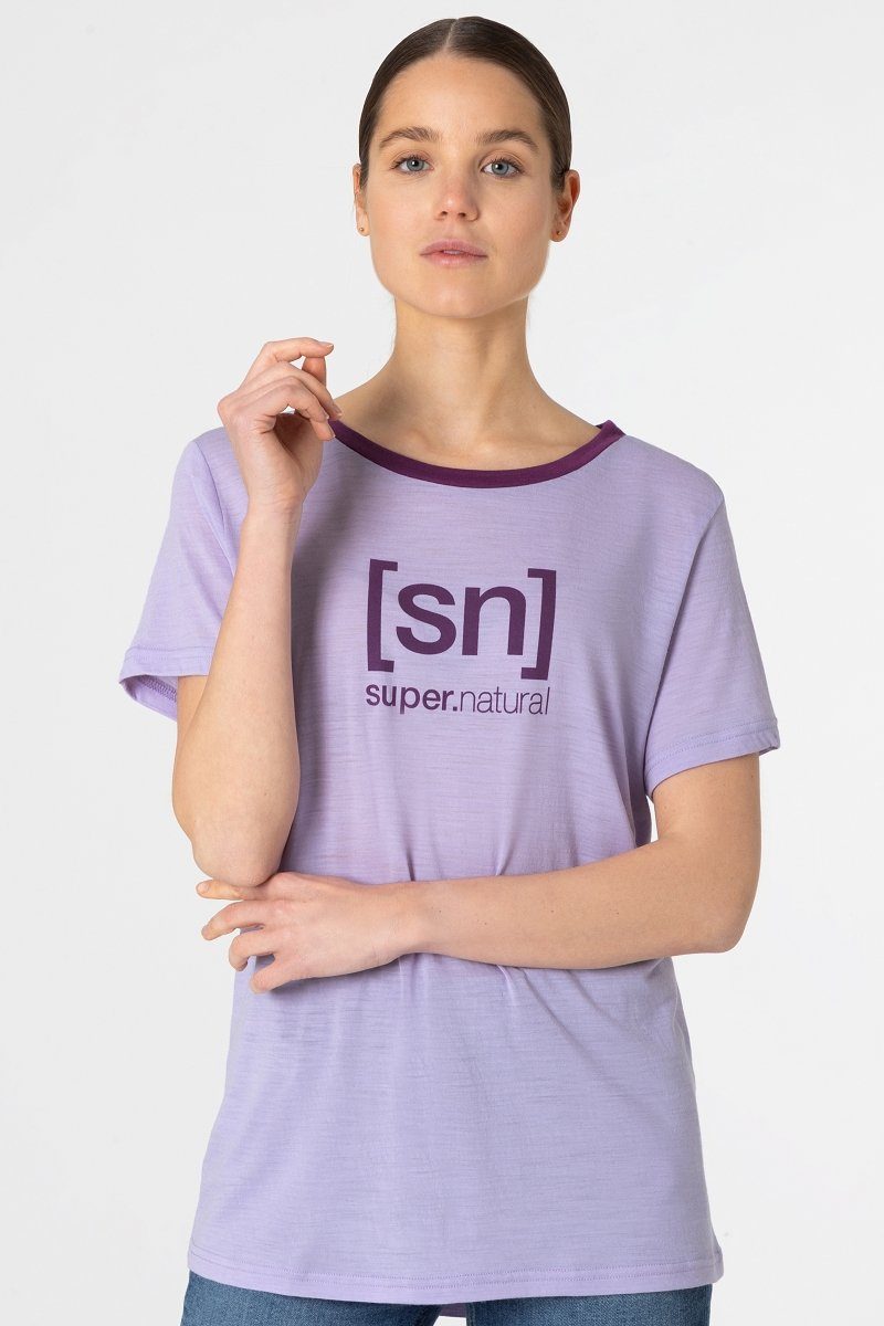 SUPER.NATURAL Print-Shirt Merino T-Shirt W THE ESSENTIAL LOGO TEE pflegeleichter Merino-Materialmix Lavender/Purple Passion