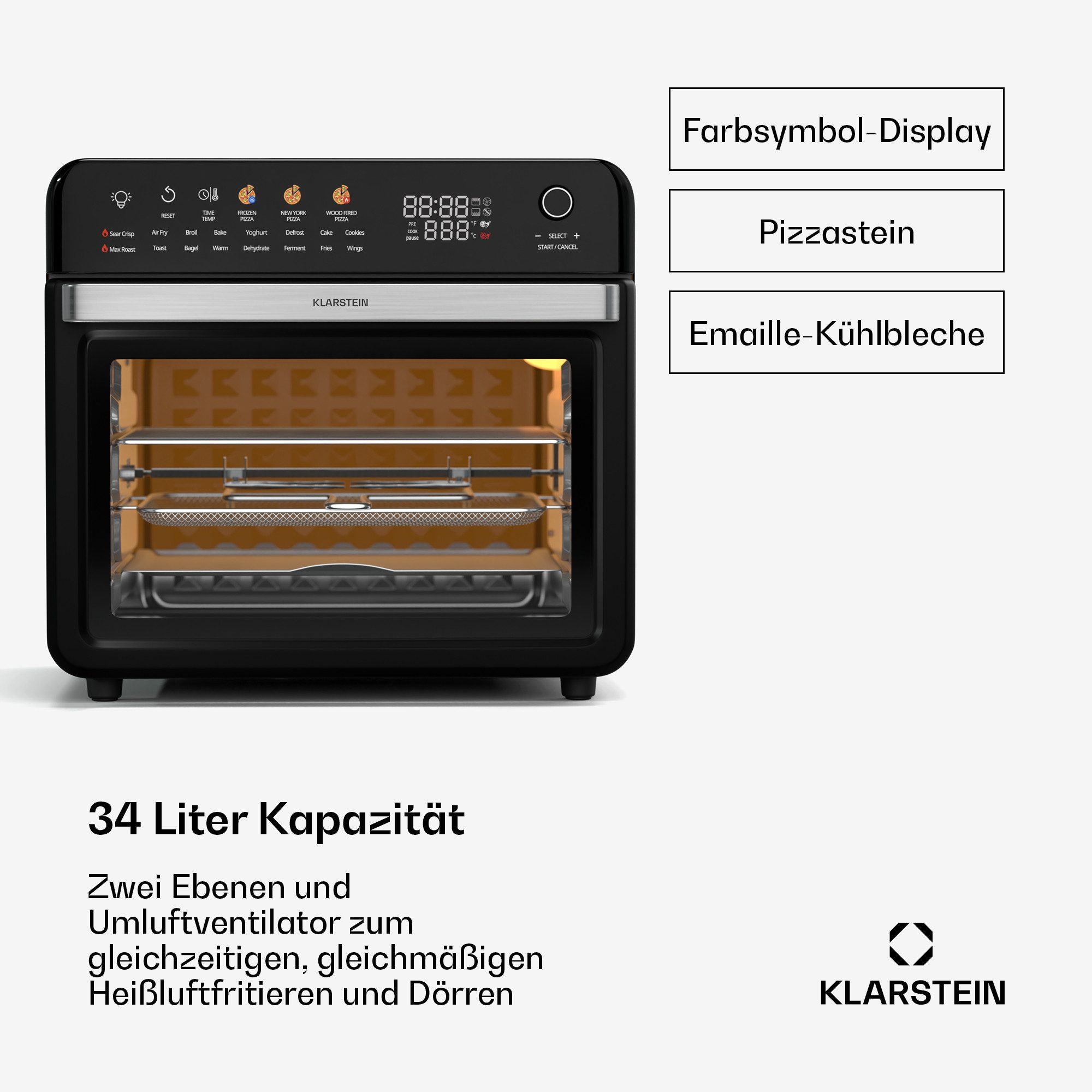 Klarstein Heißluftfritteuse, 2000 W, Heißluftfritteuse Backen Rösten Grill 34L 2200 W Timer Touch