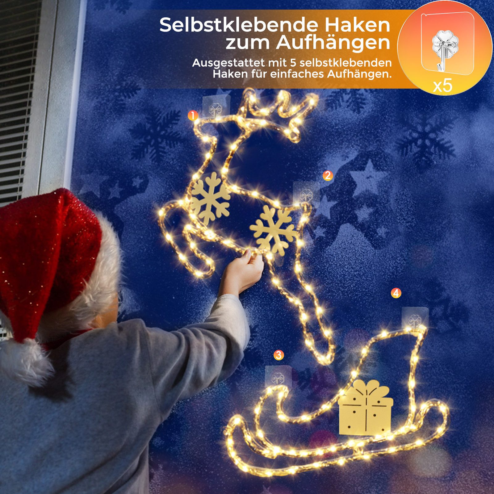 Quntis LED-Lichterkette LED Dekolicht Weihnachtsfigur Weihnachtsbaum/Jesus für Weihnachten, Weihnachtsdeko fenster Mit 8 Modi Timer Für Hof Zimmer Fensterbank – Bild 3 von 5