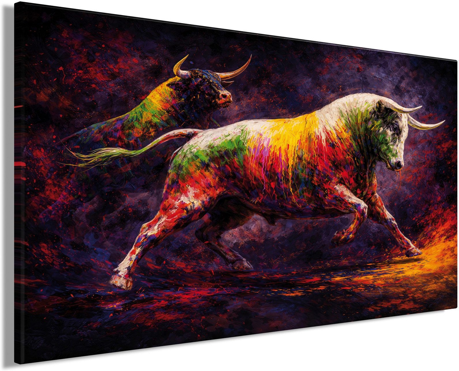 Bönninghoff Bild Wandbild BUNTER STIER 78x118 cm – Leinwandbild Keilrahmen Deko modern, Kuh, Kühe, Tiere, auf Keilrahmen gespannt