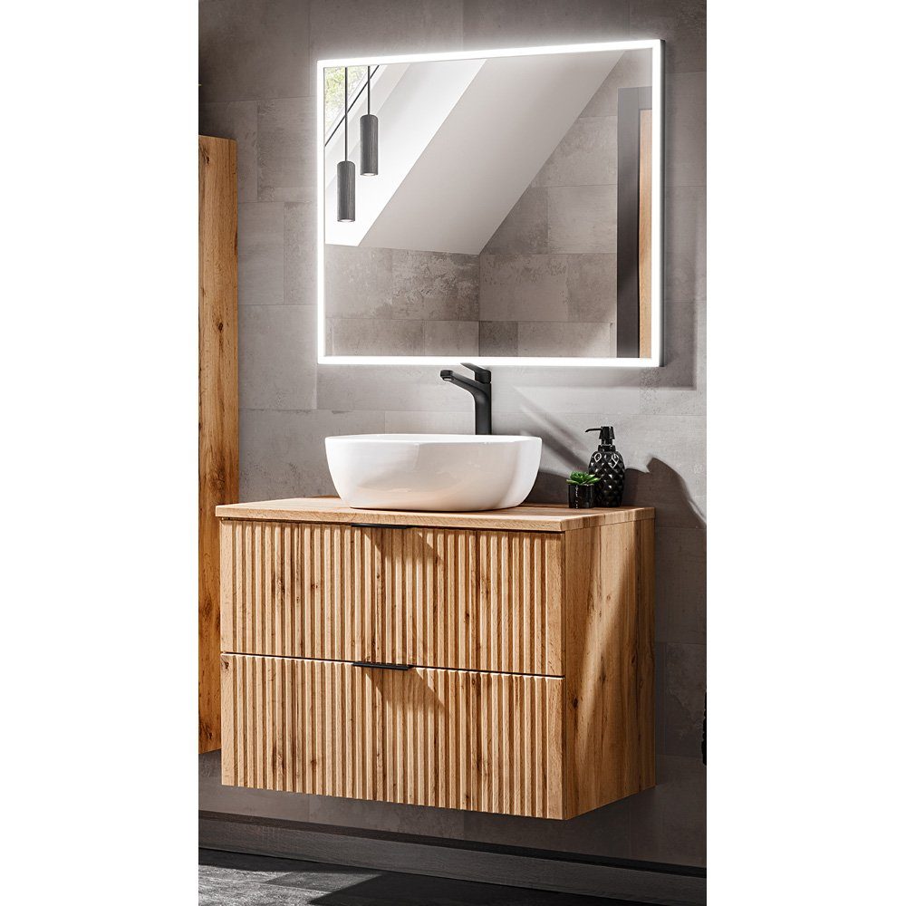 Lomadox Badmöbel-Set ADELAIDE-56, (Spar-Set, 2-St), Eiche Rillenoptik LED-Spiegel Waschtisch Keramikbecken 80,6/200/46,5 m