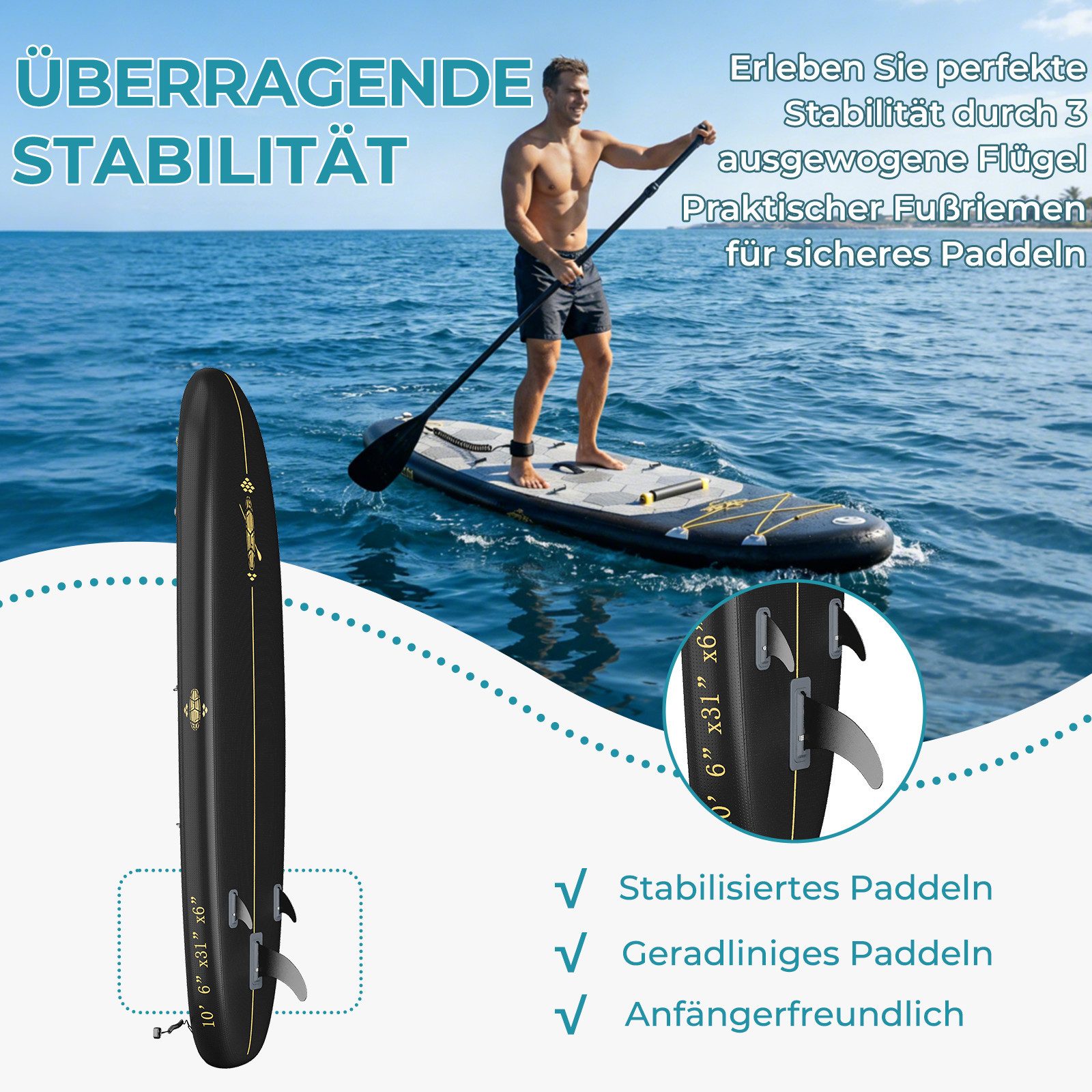GUNJI Inflatable SUP-Board Aufblasbares 320*80*15CM stehendes Zellstoffbrett Tragfähigkeit 130KG, (Mit Kajaksitz, Rucksack, Pumpe, Doppelpaddeln, Sportkamerahalter, wasserdichter Handytasche, ideal zum Surfen, Angeln)