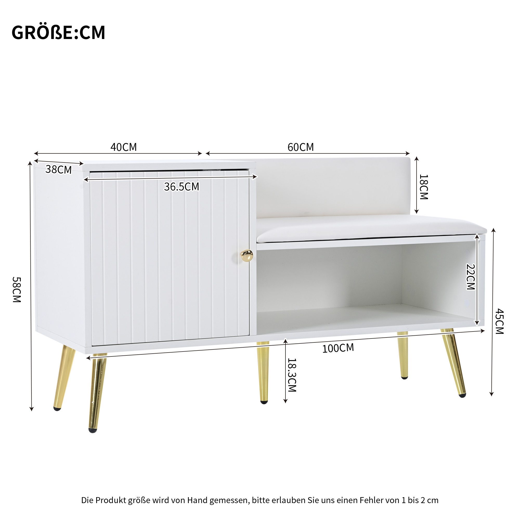 Flieks Schuhschrank B100/T40/H58 cm (1-St., gepolsterter Sitzfläche und Metallgriff, ca 8 Paar Schuhe) Schuhwechselhocker mit Seitenschrank Schuhbank mit Tür We – Bild 4 von 5