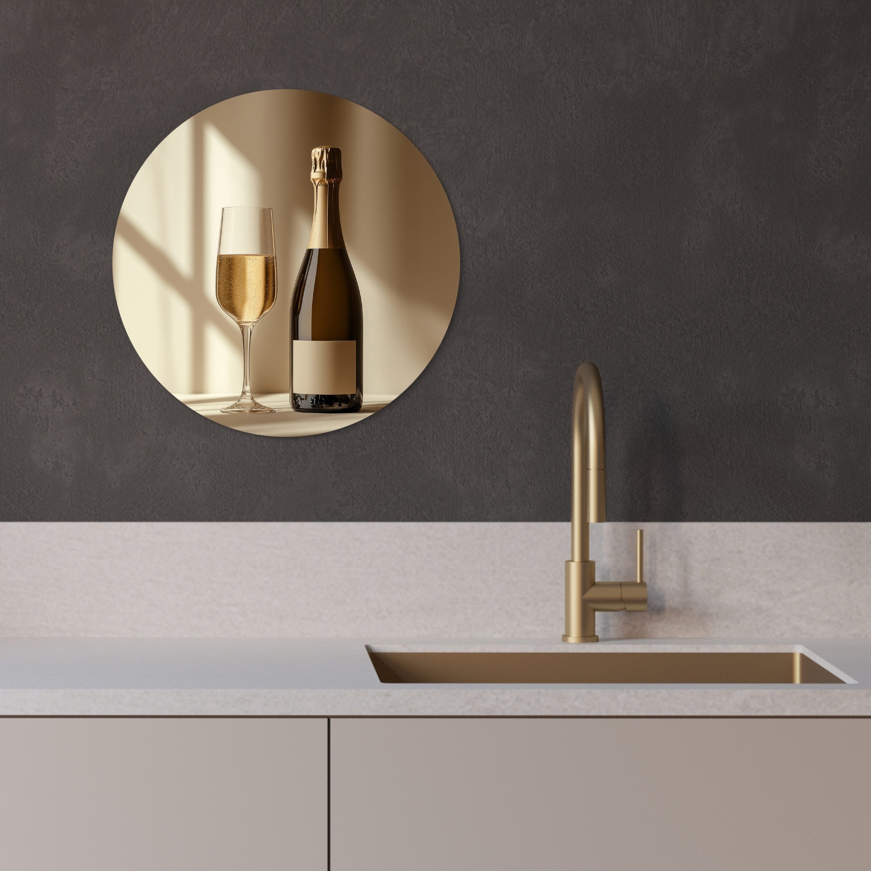 MuchoWow Gemälde Champagner - Beige - Schatten - Blasen, Fotodruck (1 St), Kreis Wanddekoration, Rundes Wandbild, 30x30 cm