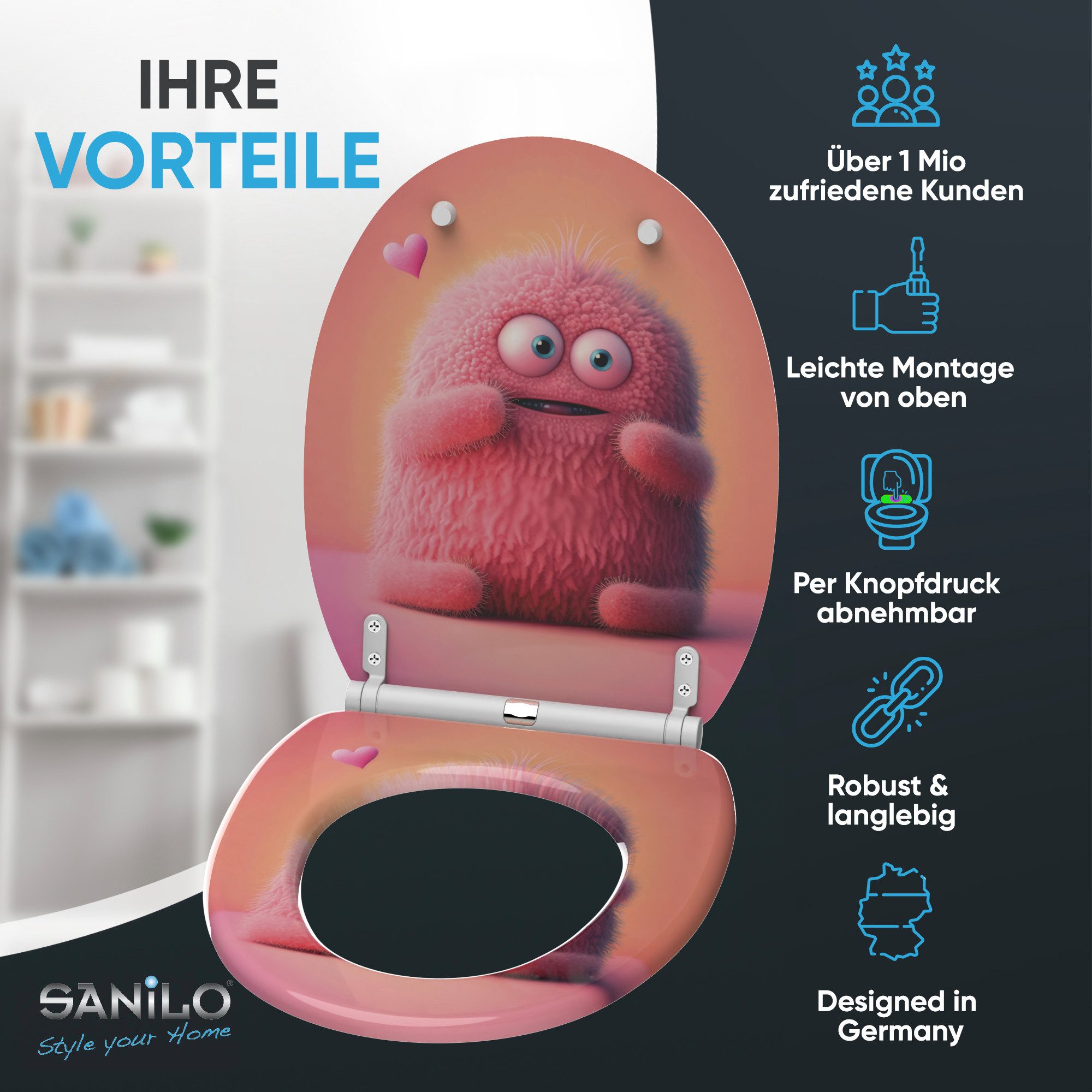 Sanilo WC-Sitz Coco mit Absenkautomatik & Quick Release, hochwertig, abnehmbar, leichte Montage von oben, mit Schraubenzieher