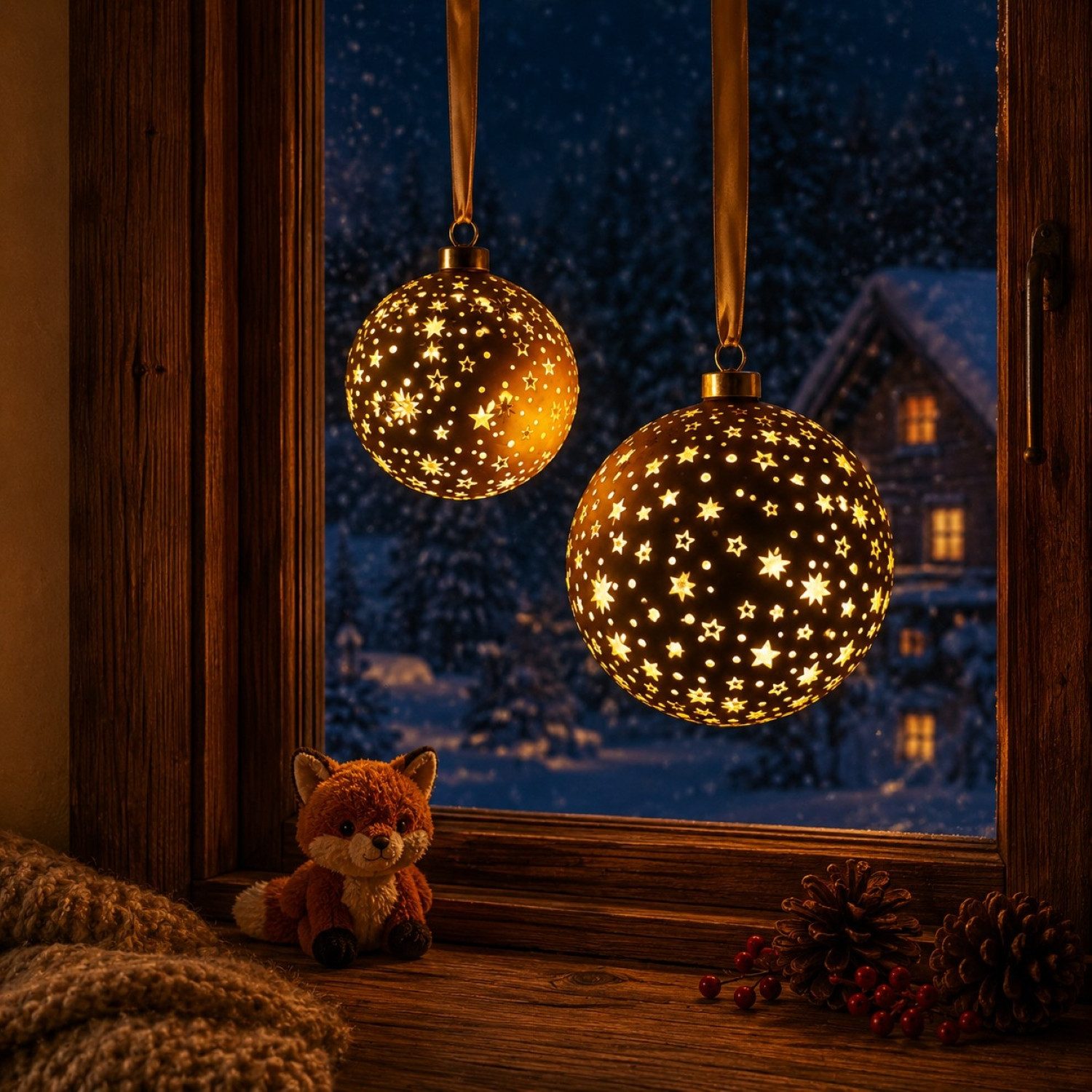 Online-Fuchs LED Dekolicht 2 Weihnachtskugeln in GOLD aus Glas zum Aufhängen - Weihnachtsdeko, gelaserte Sterne und Punkte, 15 und 25 warmweiße LEDs, inklusive praktischer 6-Stunden Timerfunktion
