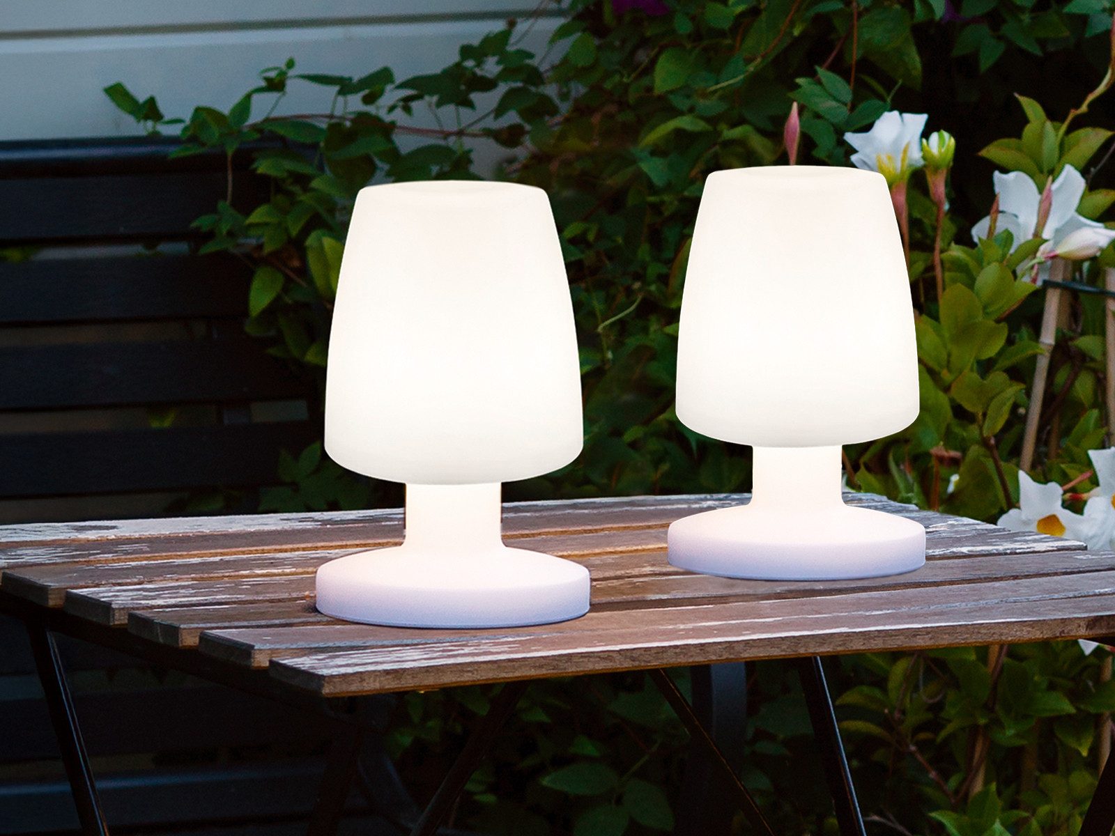 Reality Leuchten LED Außen-Tischleuchte, LED fest integriert, Warmweiß, 2er Set ohne Kabel batterie-betrieben per USB aufladbar Weiß Höhe 20cm