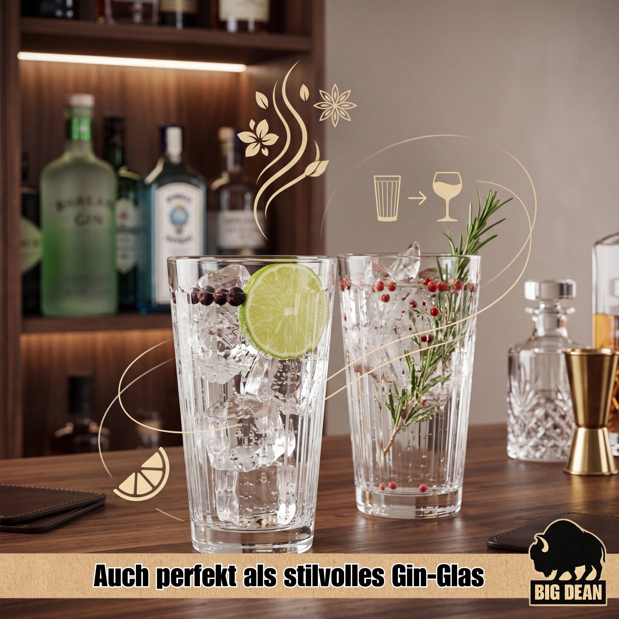 BigDean Longdrinkglas 6x Wassergläser 410ml - Ideal als Gin-, Longdrink- & Saftgläser, 6-tlg., Glas, Moderne Riffeloptik, einzigartige Haptik, Spülmaschinenfest – Bild 3 von 5