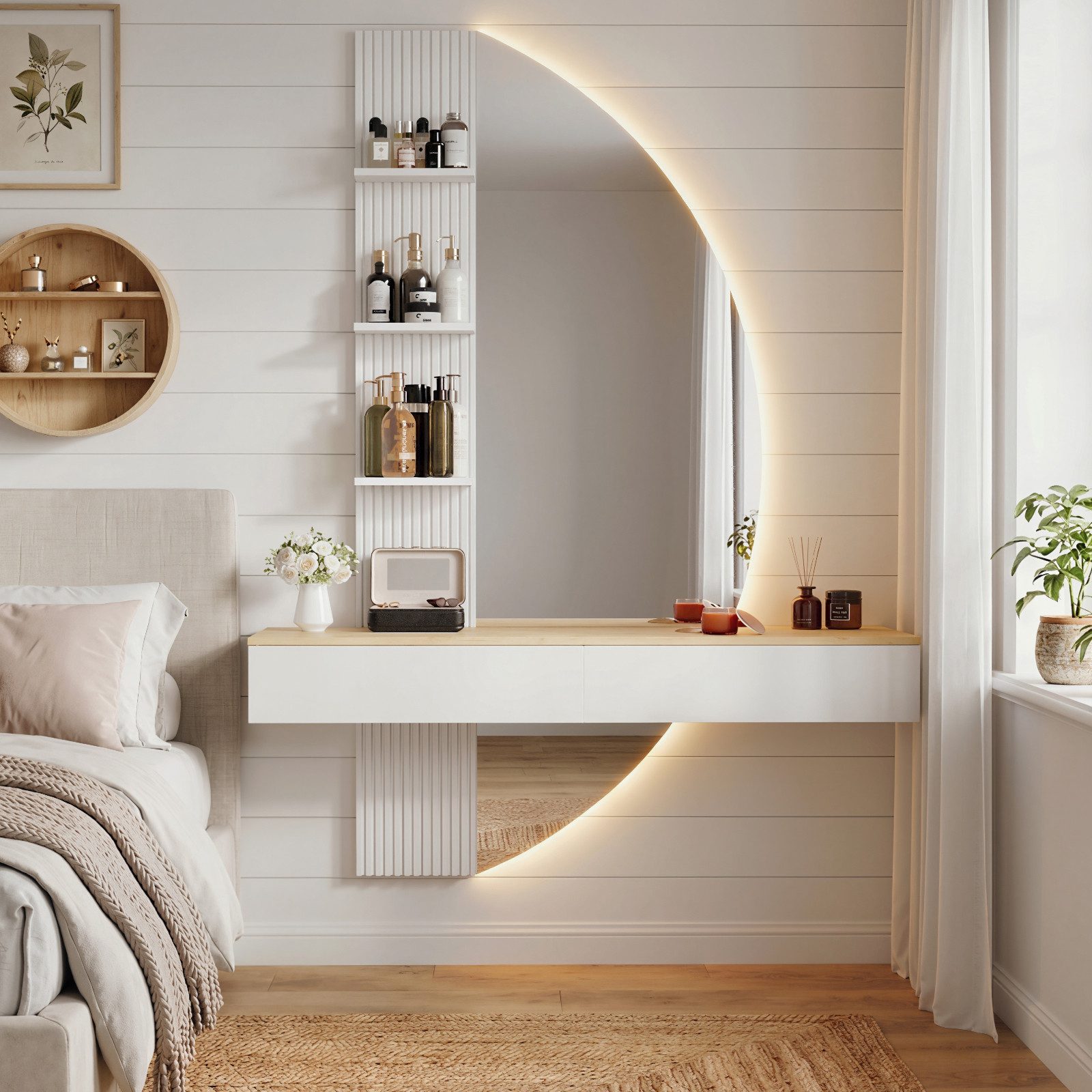 HOMALL Schminktisch Hängender Schminktisch mit LED-Beleuchtung (Maße: 106 × 40 × 143 cm, mit 3 offenen Ablagefächern, 2 Schubladen und drei einstellbaren Farbte – Bild 3 von 5