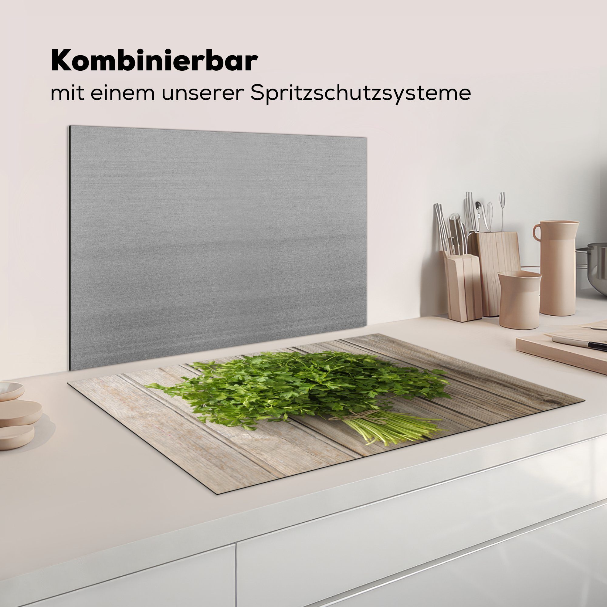 Vinyl, Herdblende-/Abdeckplatte Induktionskochfeld 81x52 die Ceranfeldabdeckung cm, küche, MuchoWow (1 einem Holzbrett, Petersilie, für tlg), Bündel auf zusammengebunden Schutz