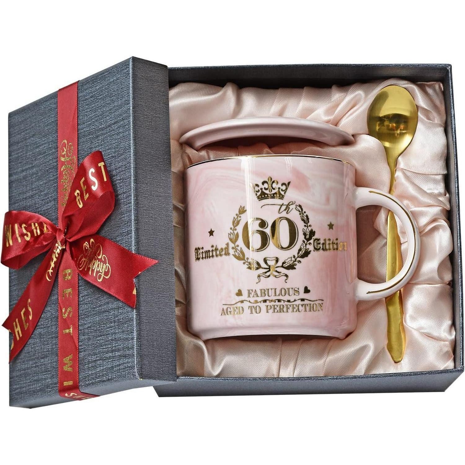 ALBISS Tasse Geschenk zum 60. Geburtstag: 400ml Rosa Marmor Kaffeetasse mit