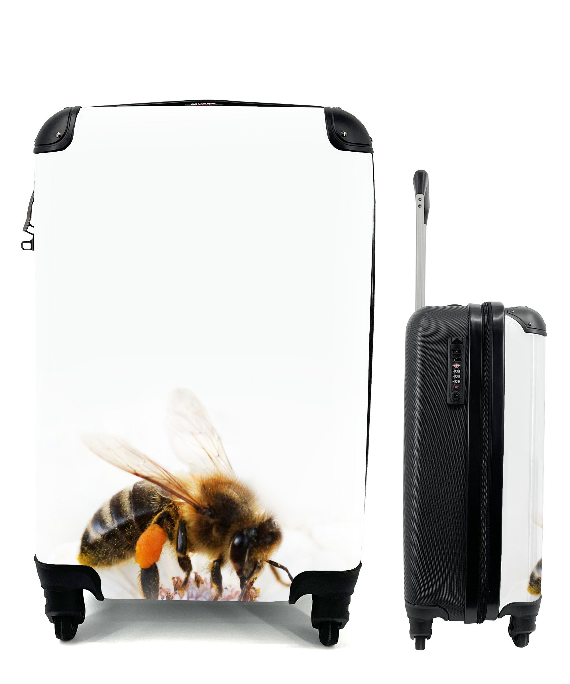 MuchoWow Handgepäckkoffer Nahaufnahme einer Honigbiene Rollen, einer für Reisekoffer Trolley, weißen Reisetasche Blüte, mit Ferien, 4 rollen, Handgepäck auf