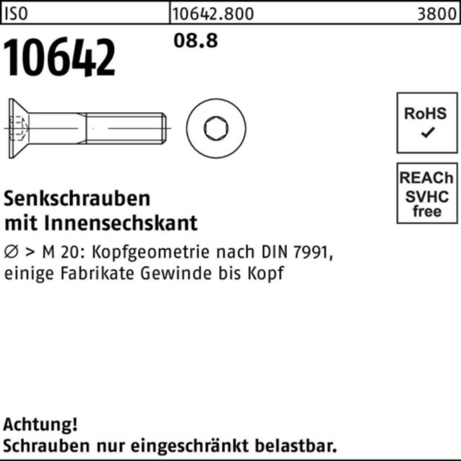 Pack Senkschraube Reyher Stück 100 8.8 M20x 10642 100er 25 ISO ISO Senkschraube Innen-6kt