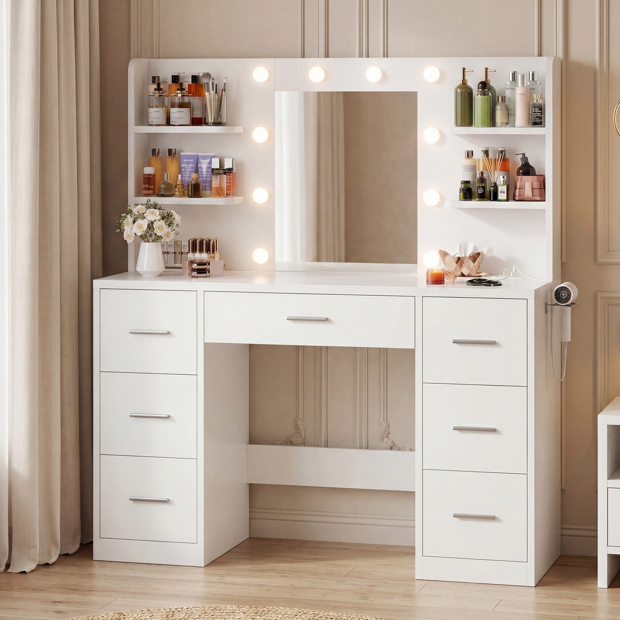 HOMALL Schminktisch Mit dreifarbiger LED-Beleuchtung, mit Spiegel, optional mit Hockern (Maße: 110 x 40 x 137 cm, mit 10 kugelförmigen Lampen, deren Helligkeit und Farbtemperatur einstellbar sind, sowie einer Schublade. Ausgestattet mit 1 USB-Anschluss, 1 Ladeanschluss, 2 Steckdosen und 1 Föhnanschluss ostern geschenke)