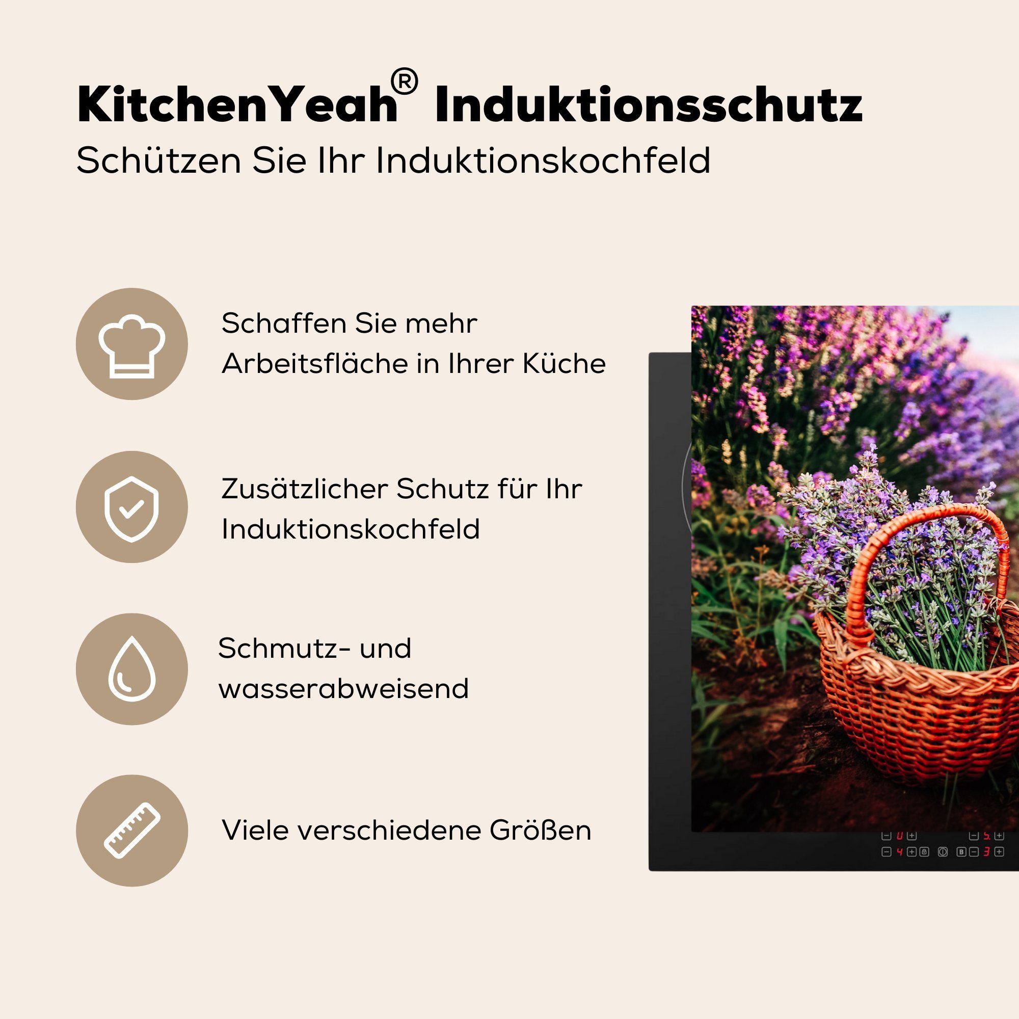 MuchoWow Herdblende-/Abdeckplatte Lavendel - (1 für küche, Ceranfeldabdeckung die Vinyl, Außen Schutz Induktionskochfeld tlg), cm, - Korb, 81x52