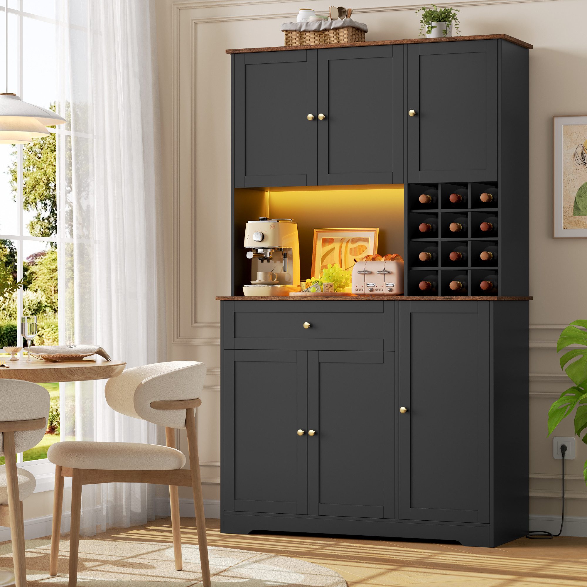 Homfa Küchenbuffet Küchenbuffet mit LED & Weinregal Küchenschrank Buffetschrank Sideboard weiß mit Steckdosenleiste & Arbeitsplatte 180x100x39cm