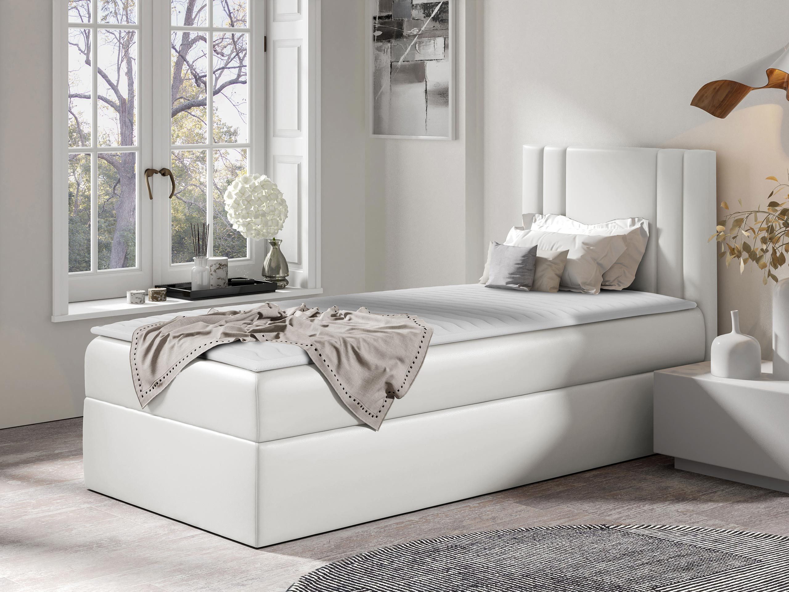 MIRJAN24 Boxspringbett Carmen Mini (mit Hauptmatratze, Topper, Kopfteil), 80, 90, 100 / 200 cm, Seitenwahl, Einzelbett
