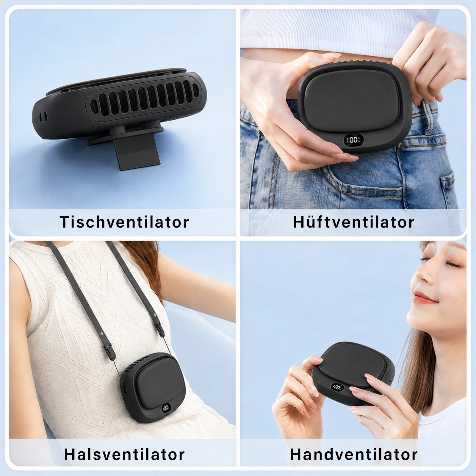 MOPUEA Turboventilator Mini Ventilator 4-in-1 Design, 5 Stufen, LED-Display,10h Halsventilato