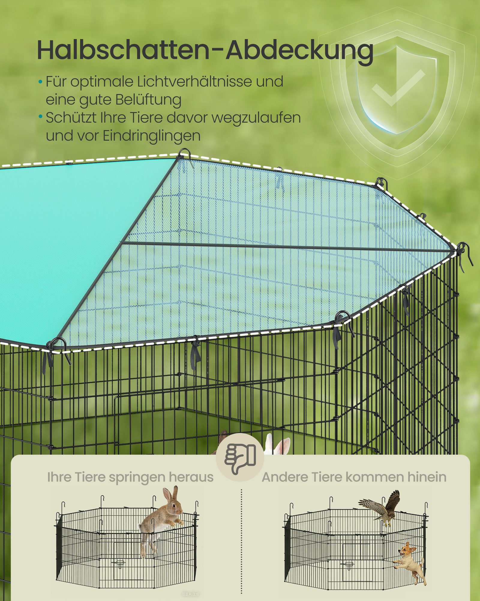 SONGMICS Kleintierkäfig, mit Abdeckung, Freigehege, atmungsaktiv, Sonnenschutz, Länge 175cm