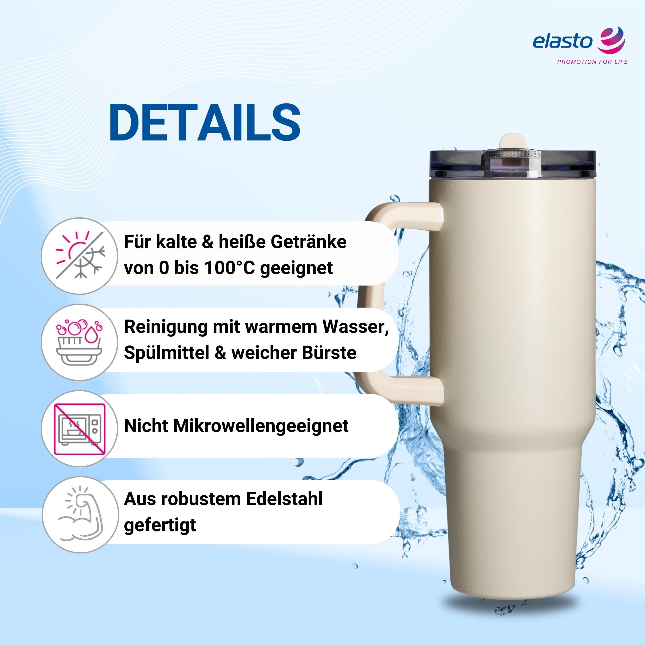 elasto Becher Edelstahl Trinkbecher mit Deckel und Strohhalm 1,2 Liter, isoliert, robust, für unterwegs