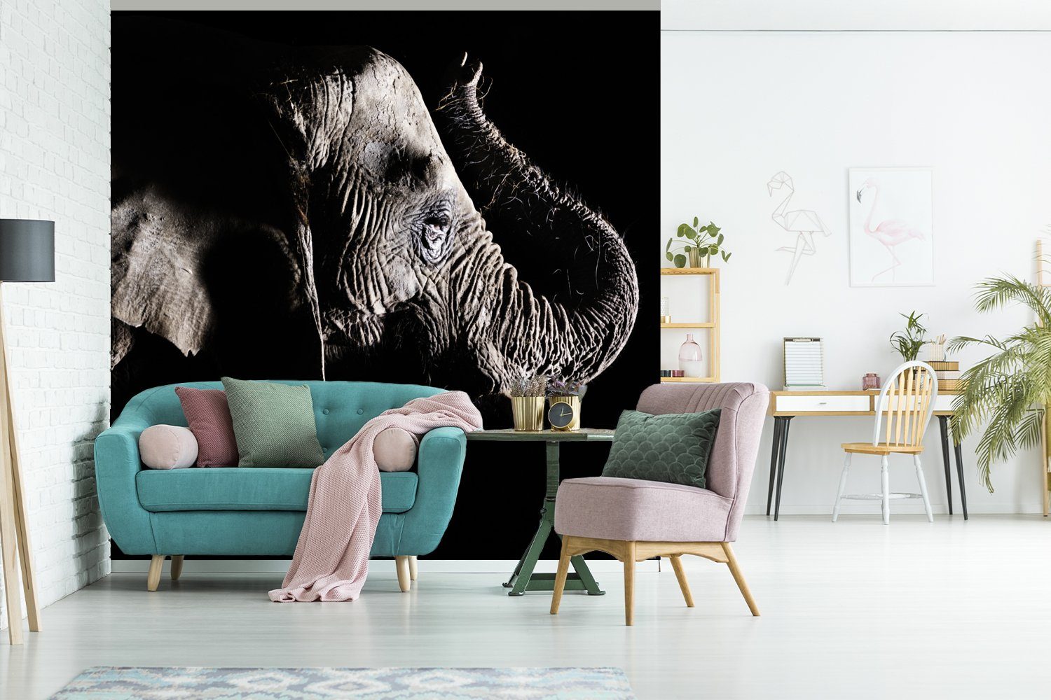 - (4 St), - Vliestapete Fototapete MuchoWow Elefant bedruckt, Tiere Natur, für Küche, Schwarz Matt, - Wohnzimmer Fototapete Schlafzimmer
