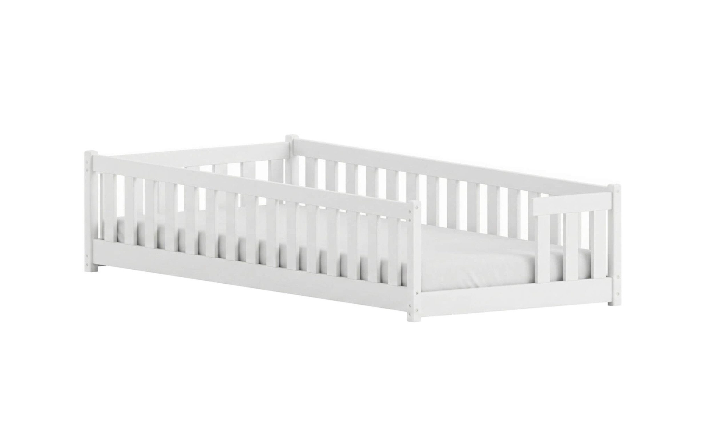 Kids Collective Kinderbett Bodenbett mit Rausfallschutz & Lattenrost Montessori Betten Kinder (Verfügbare Größen: 80 x 160, 80 x 180, 90 x 190, 90 x 200, 120 x 200, 140 x 200 cm), Jugendbett Einzelbett Kiefer Weiß 80x160 cm