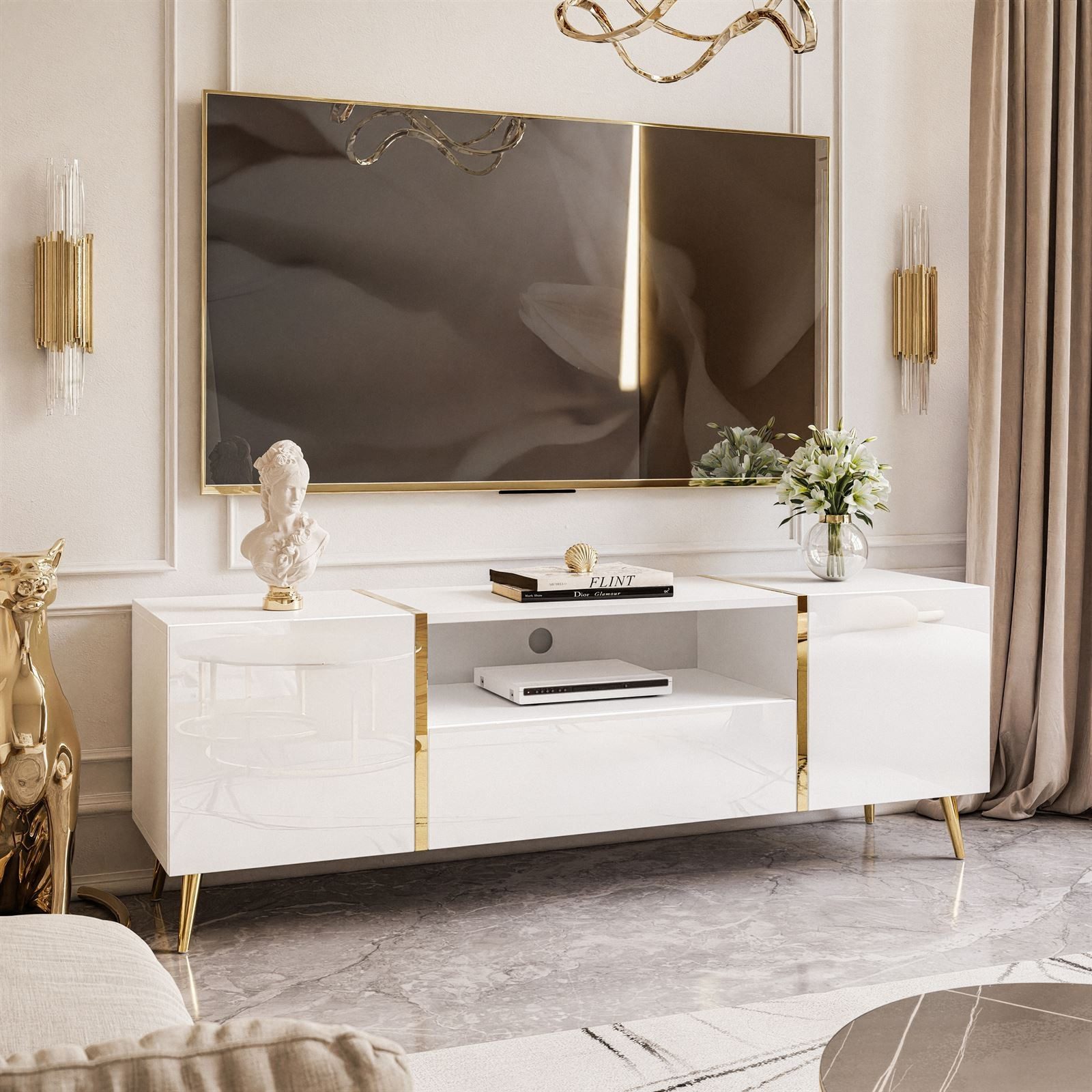 ALLHOUSE24 Wohnzimmer-Set DIAMANT Weiß Hochglanz GOLD Metallfüßen Wohnzimmer Möbel SET, (3-St), Das Set besteht aus: Kommode, TV Schrank, Couchtisch