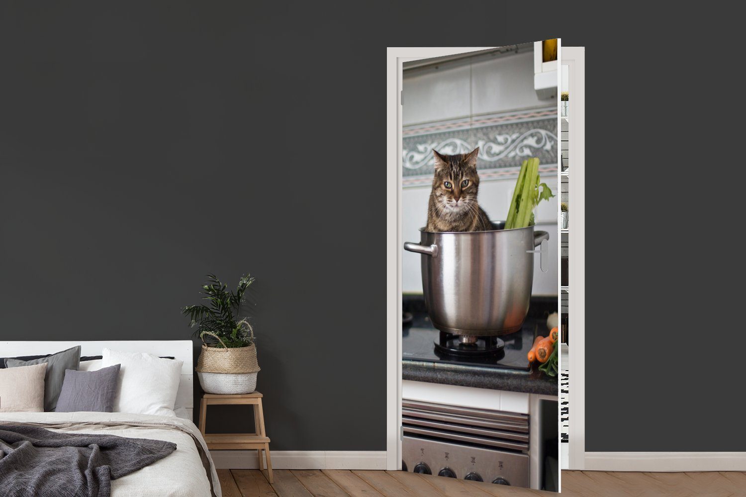 MuchoWow Türtapete - Katze für Tür, Pfanne Küche, (1 - Türaufkleber, Matt, Fototapete St), cm bedruckt, 75x205
