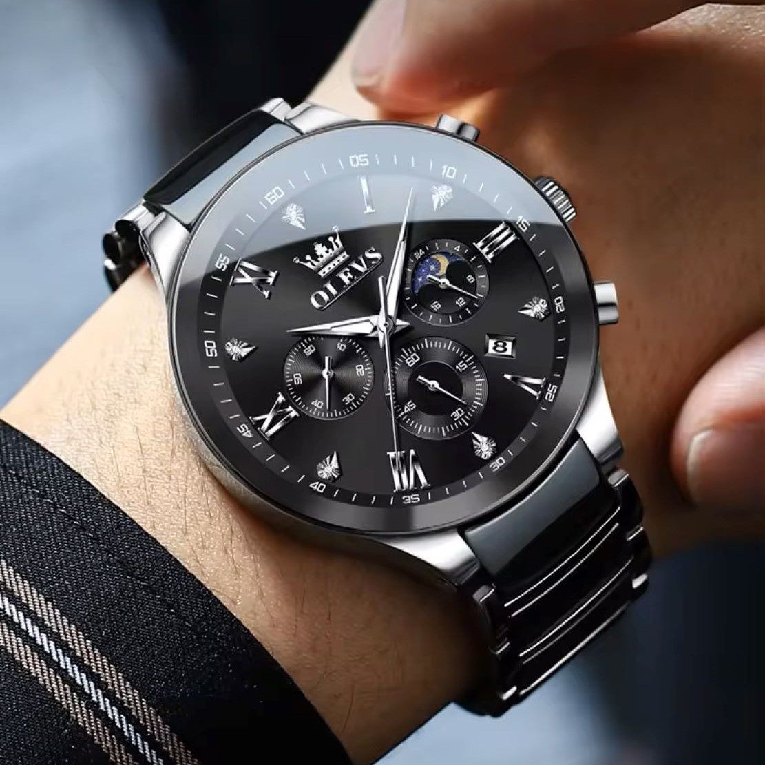 OLEVS Quarzuhr Herrenuhr Olevs Chronograph mit Keramikarmband Bi Color