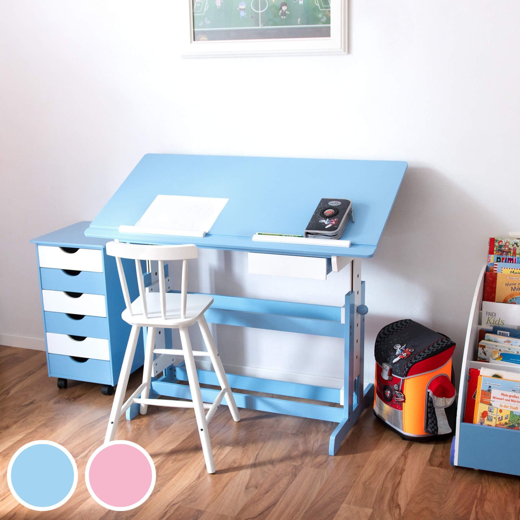 tectake Kinderschreibtisch Schreibtisch höhenverstellbar tlg) Rollcontainer blau (1-St., 2 und