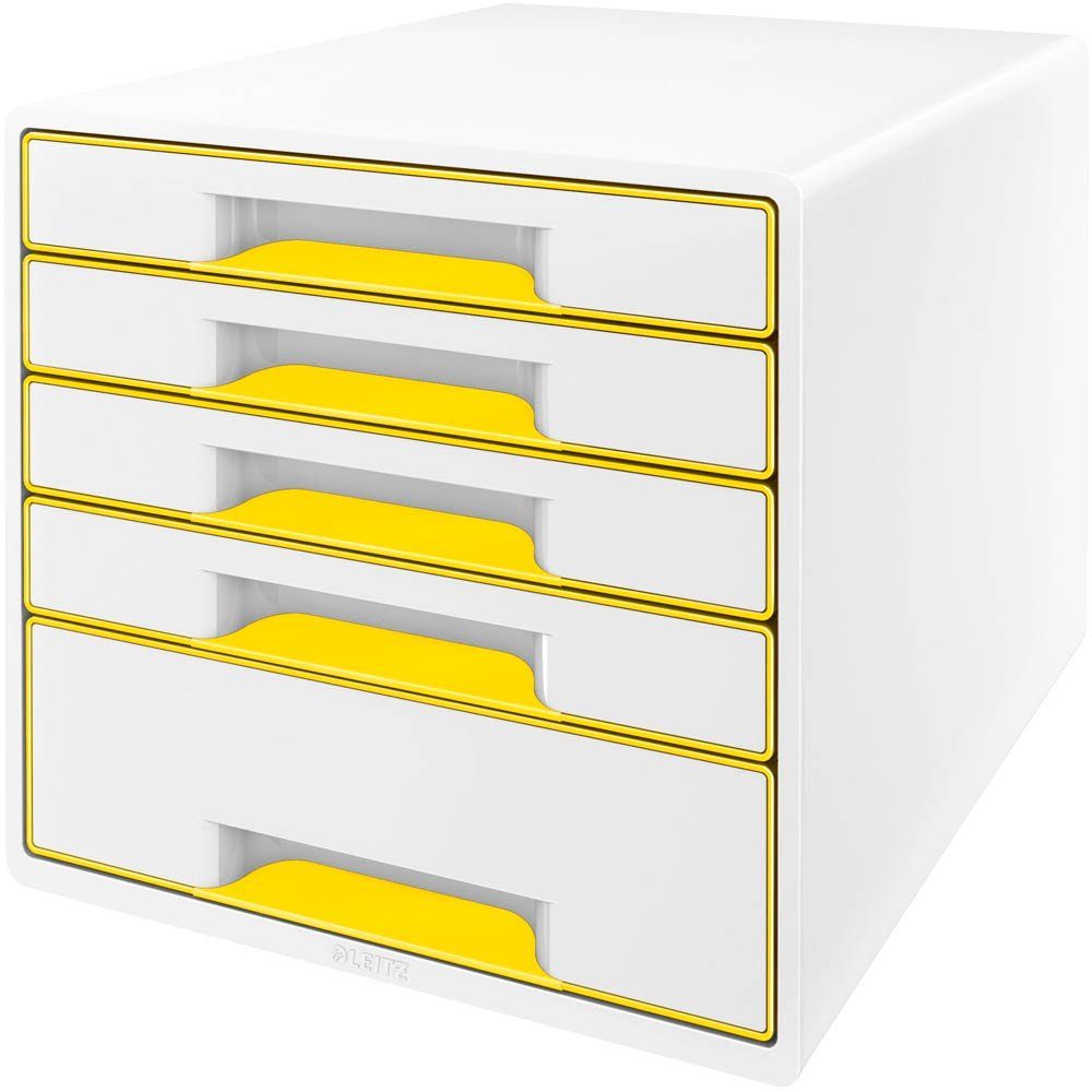 LEITZ Schubladenbox 1 Schubladenbox WOW CUBE mit 5 Schubladen - weiß/gelb, Auszugssperre; Stapelbar; Schübe einzeln herausnehmbar