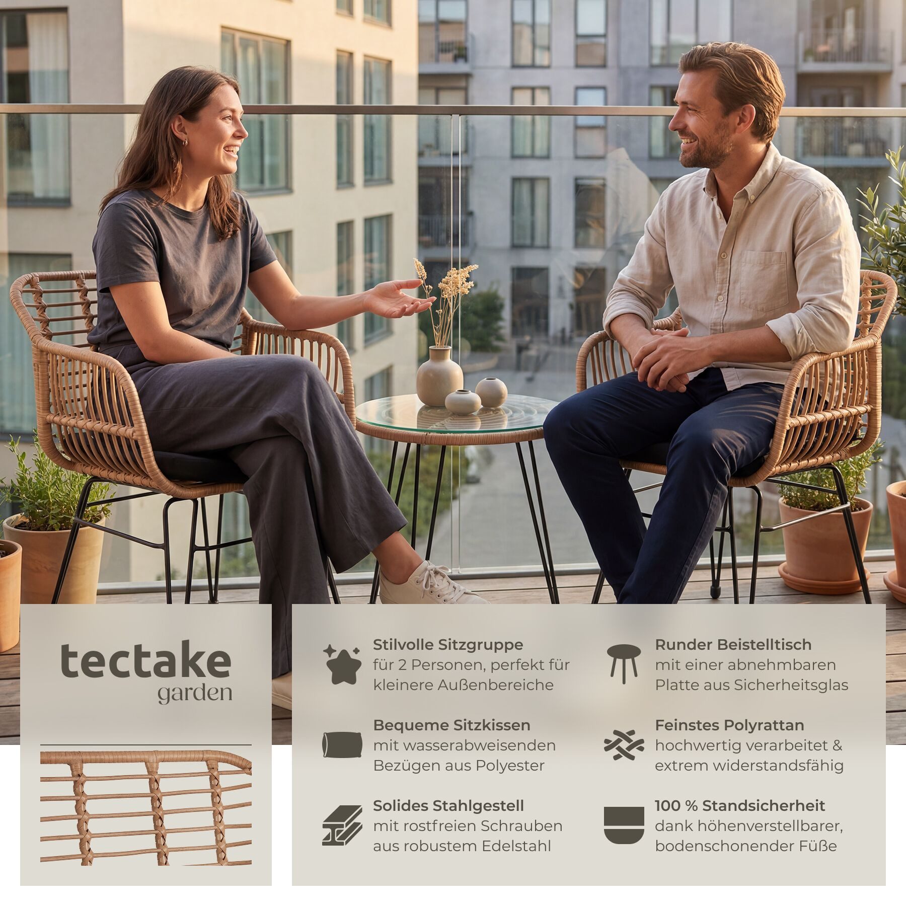 tectake Sitzgruppe Rattan-Gartenlounge für 2 Personen, filigranes Design, (Loungeset Molfetta, 3-tlg., für Außen in Naturfarben), widerstandsfähig, UV-beständig, mit Sicherheitsglasplatte