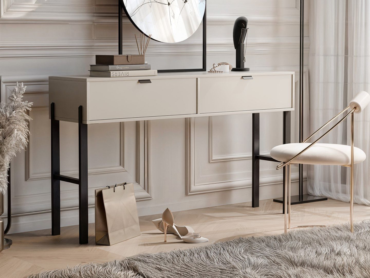 Beautysofa Schminktisch CORTINA mit 2 Schubladen (Farbe Sandbeige, mit Metallgriffen und Füßen), Breite: 140 cm