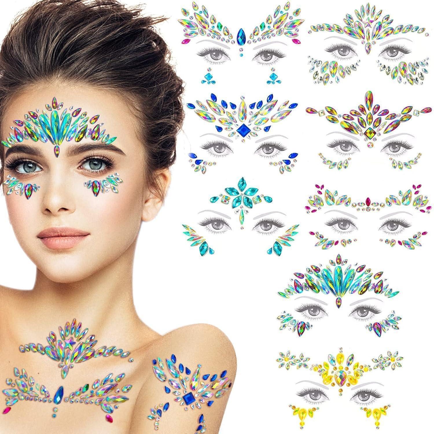LuxusKollektion Strass-Tattoo Glitzersteine Gesicht Festival Set 8 Selbstklebend Rave Strasssteine