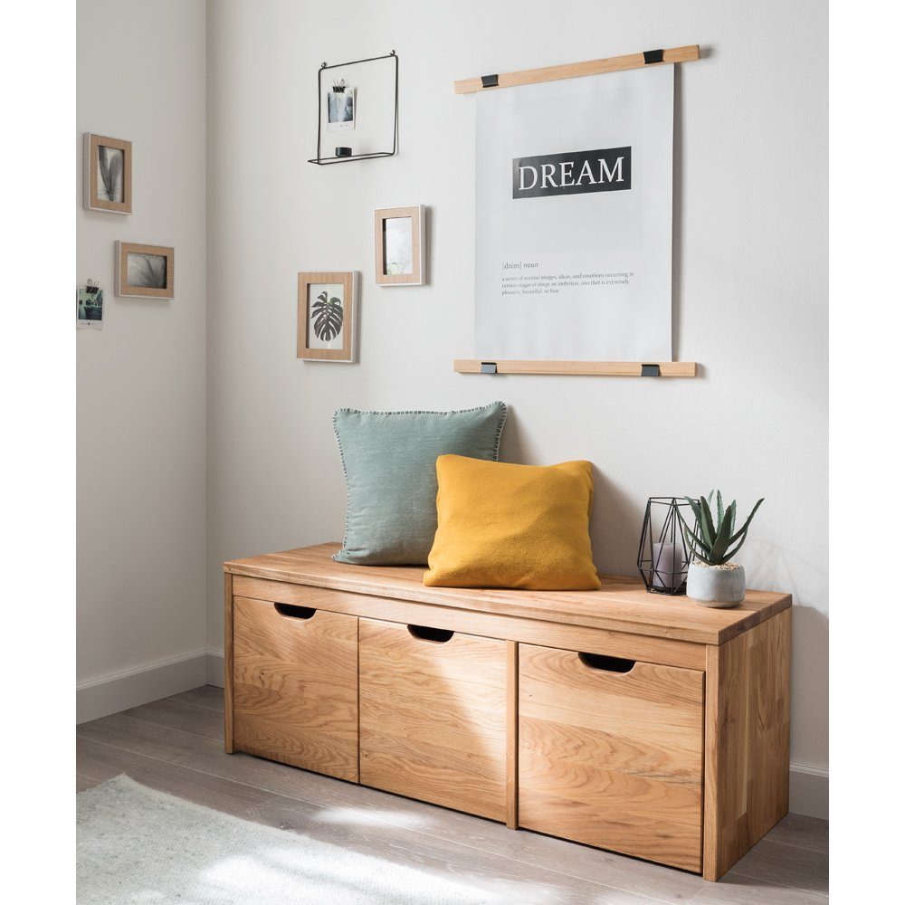 Lomadox Schuhbank CUENCA-137, 120 cm breit, Eiche Massivholz, 3 Schubkästen mit Rollen