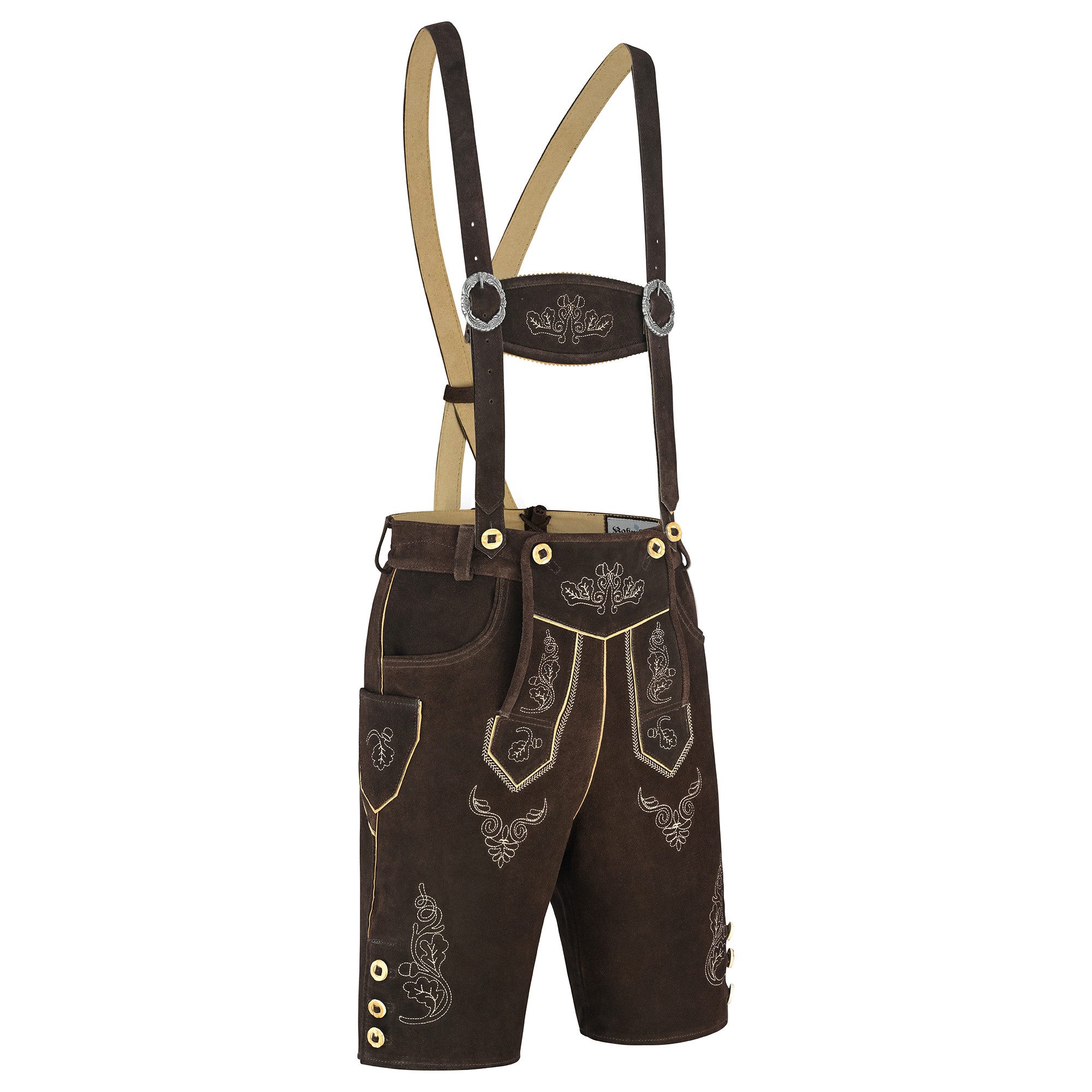 BOHMBERG Trachtenlederhose Herren Trachtenhose kurz Echtleder inkl. Hosenträger Braun – Bild 2 von 5