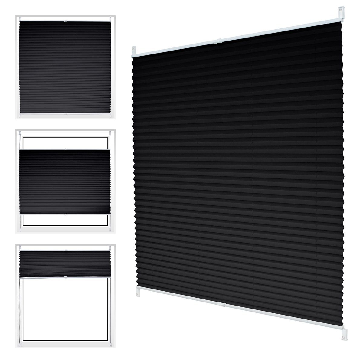 Plissee Sonnen- und mit Fensterrollo, Sichtschutz 80x200cm Klemmfix, Plisseerollo ECD Germany, ohne Faltrollo Blickdicht Schwarz Klemmträger Bohren Klemmfix Jalousie