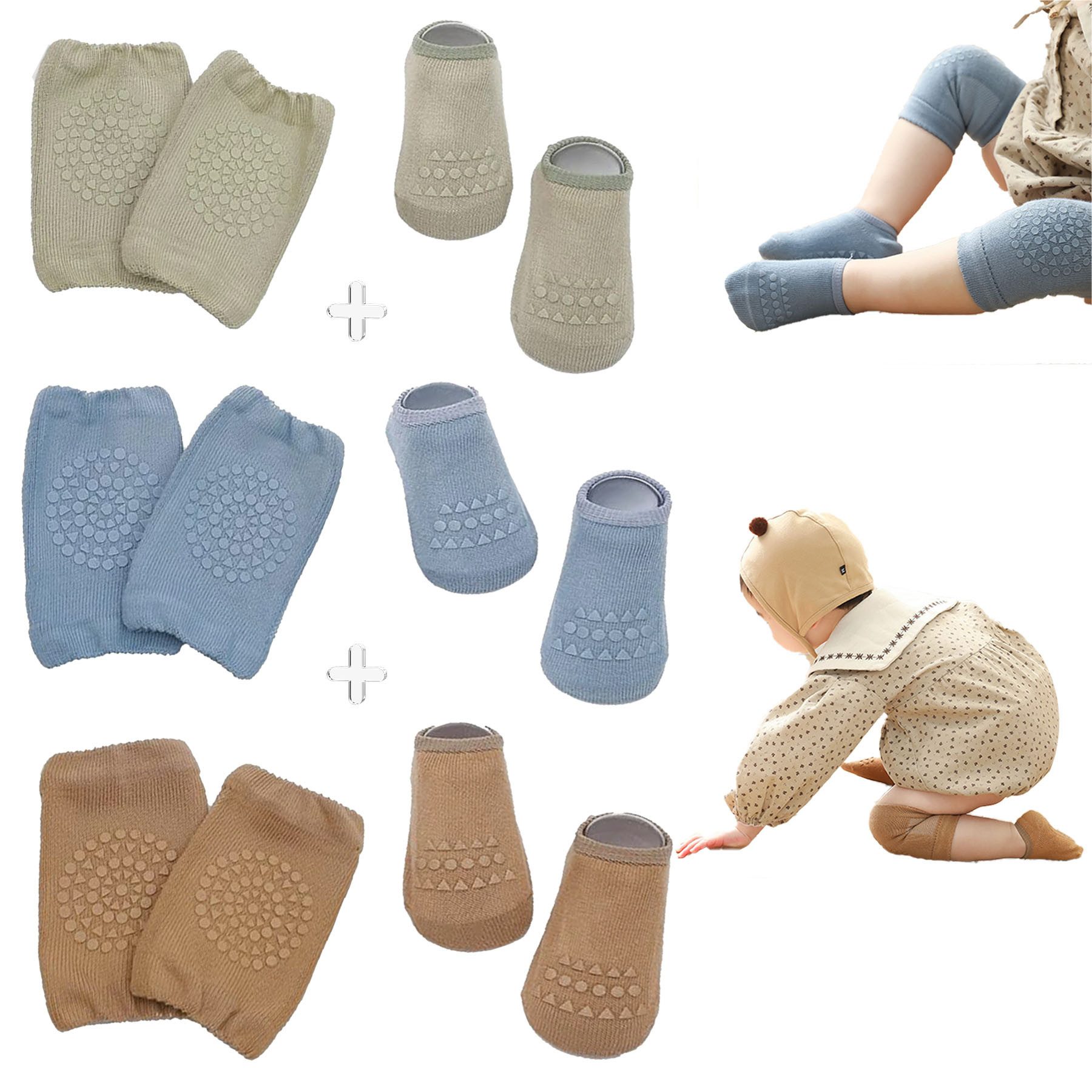 Mutig ABS-Socken 3 Paar Baby Socken & Baby Knieschoner,100 % Baumwolle Stoppersocken, (Krabbeln Set Mit Gummipunkten,Die Silikonteile erhöhen die Reibung) Stoppersocken Geeignet für Kinder von 0-3 Jahren,Grün, Blau, Braun