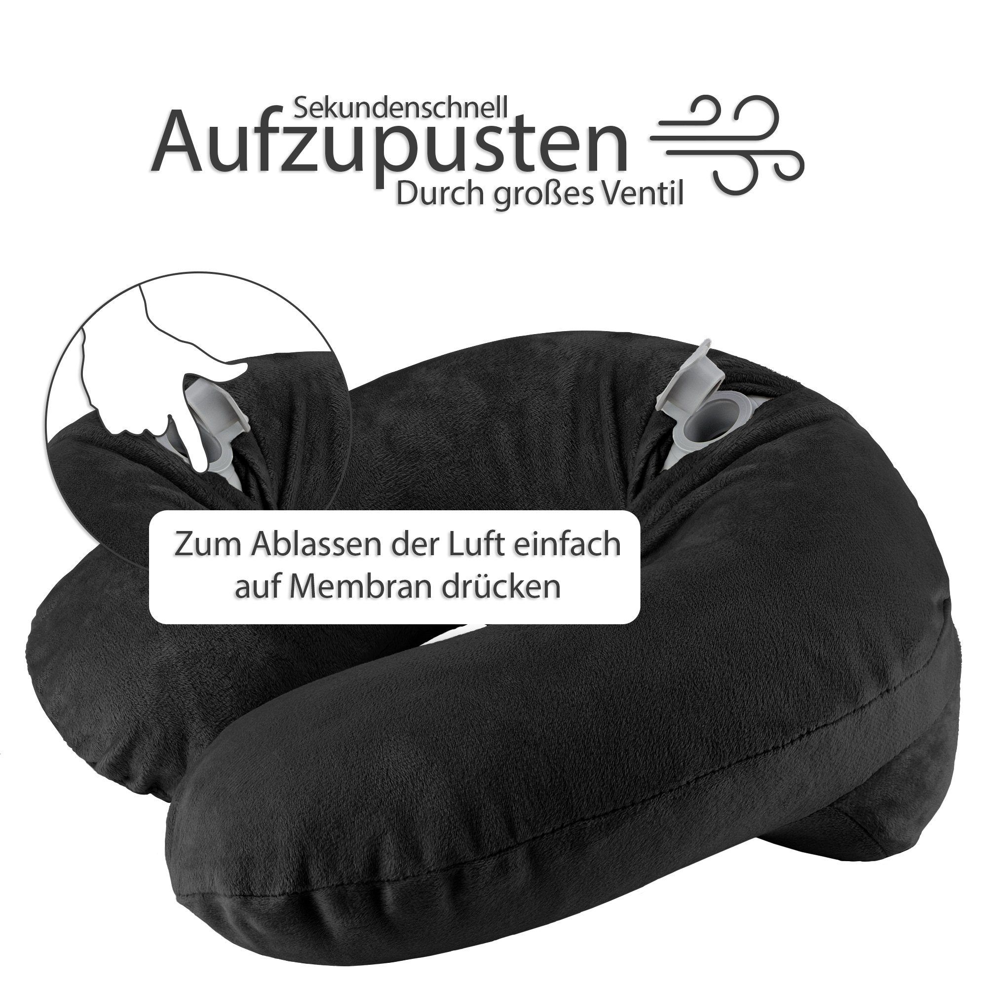 EAZY CASE Nackenhörnchen Aufblasbares Nackenhörnchen mit Stoffbezug, Nackenhörnchen Reise Set inklusive Schlafmaske & Ohrstöpsel Schwarz, Nackenhörnchen Reise Set inklusive Schlafmaske & Ohrstöpsel Schwarz